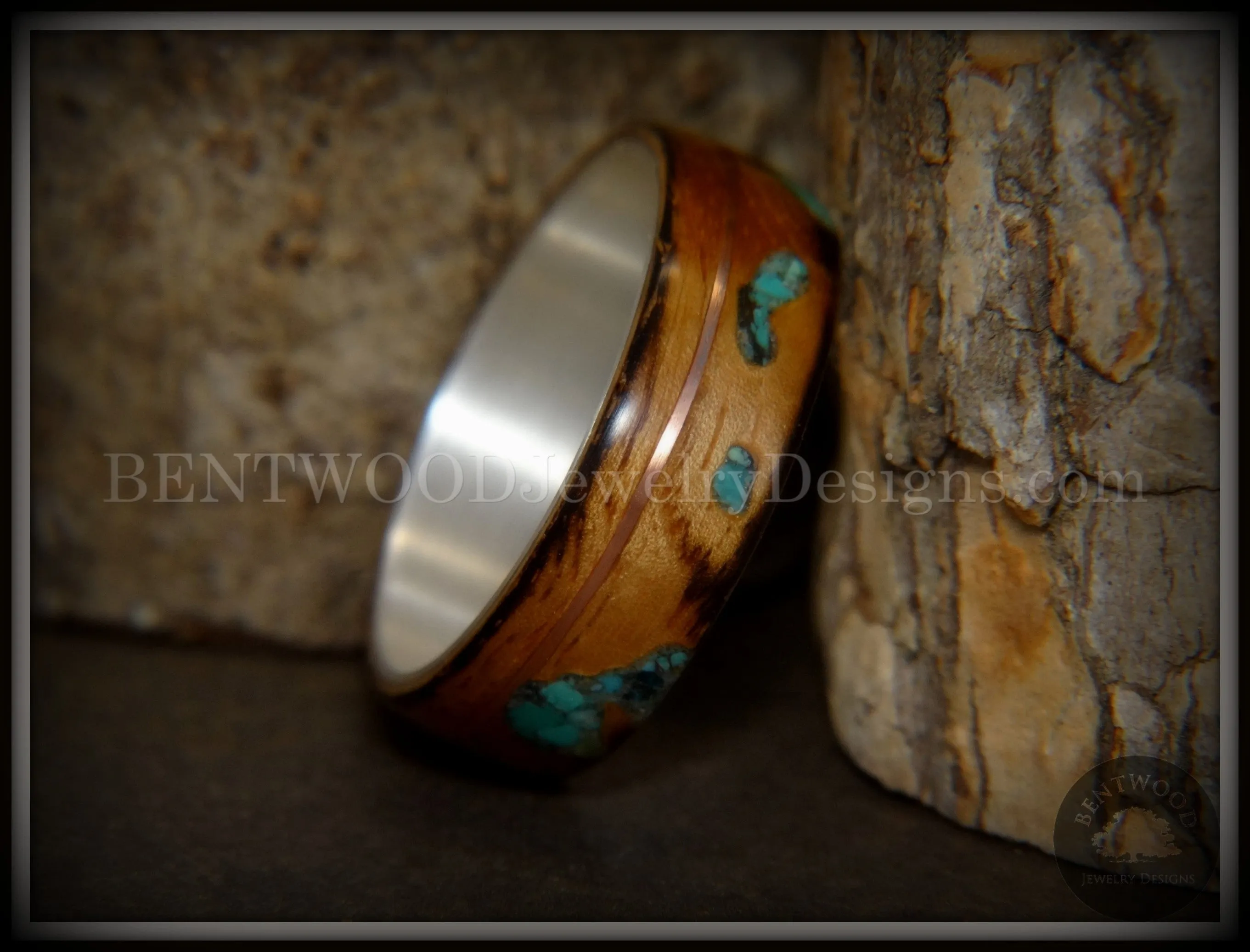 Bentwood Ring - Random Smoky Olivewood Silver Core with Copper and Turquoise Inlays