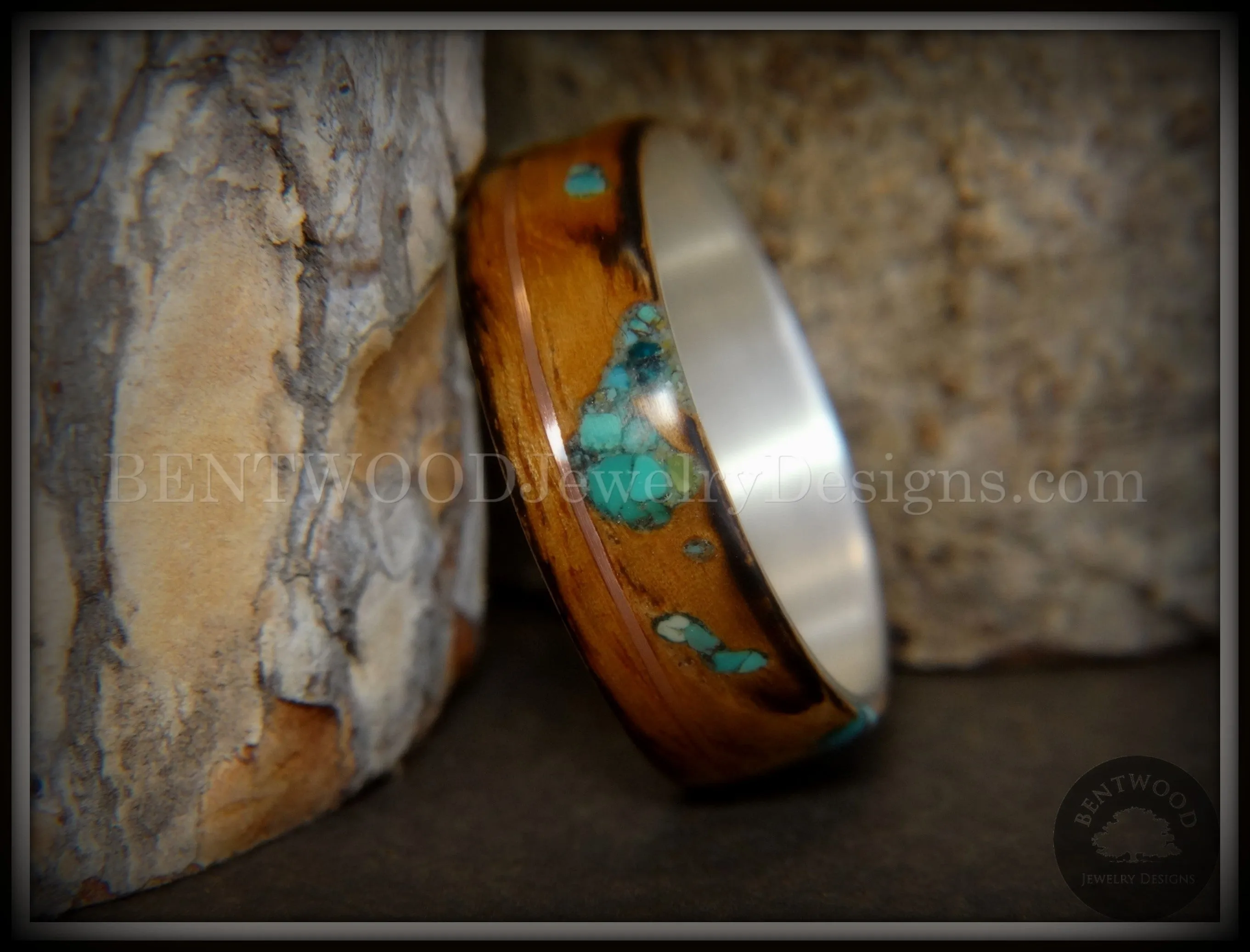 Bentwood Ring - Random Smoky Olivewood Silver Core with Copper and Turquoise Inlays