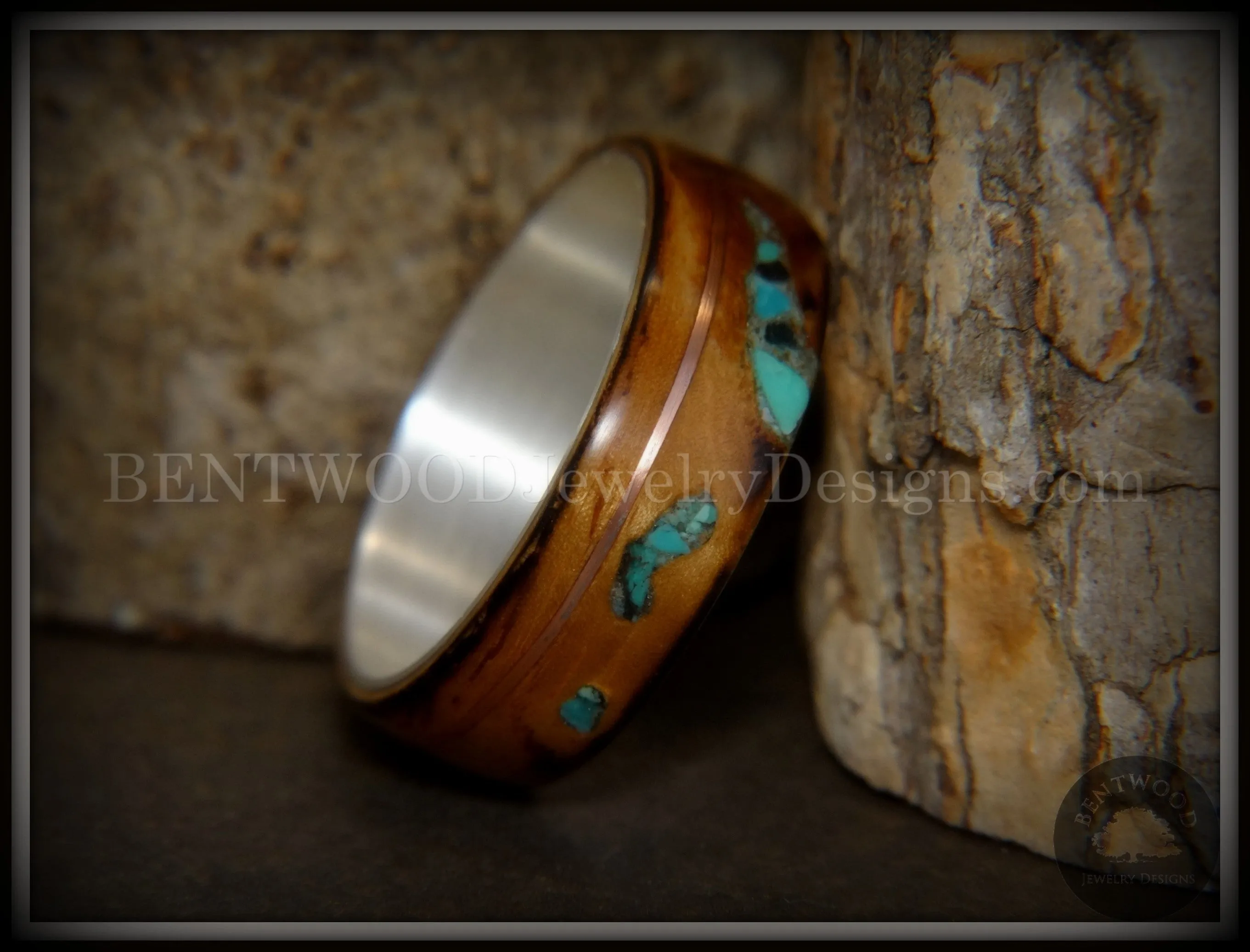 Bentwood Ring - Random Smoky Olivewood Silver Core with Copper and Turquoise Inlays