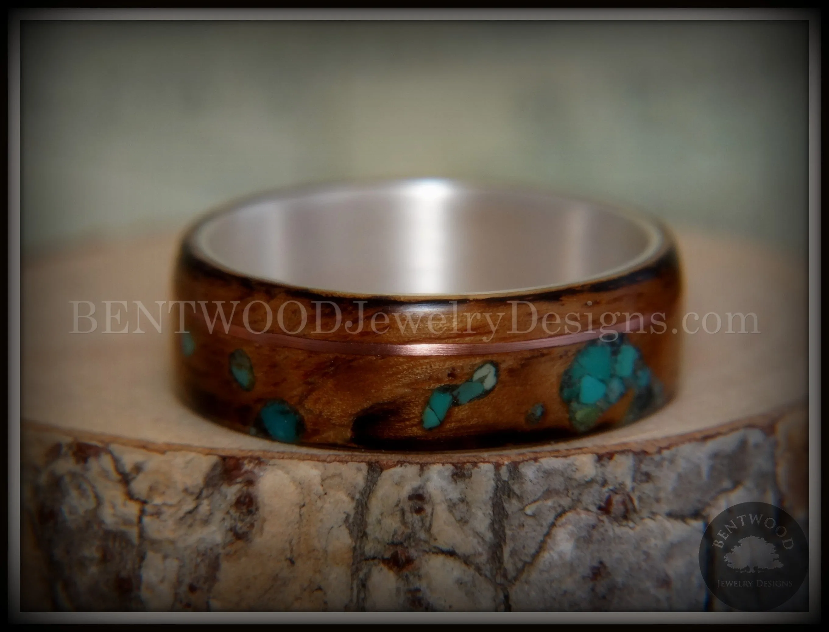 Bentwood Ring - Random Smoky Olivewood Silver Core with Copper and Turquoise Inlays