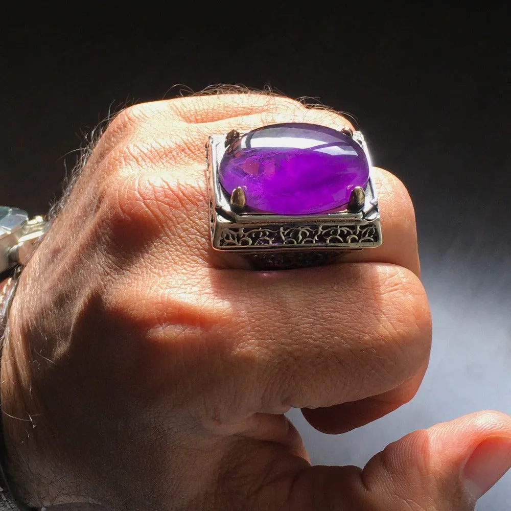 Big Mens Ring Amethyst Sterling Silver 39 ct Natural Gemstone Solid 925k Turkish Handmade Jewelry