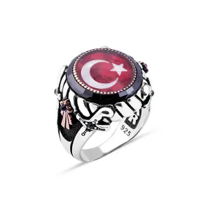 Black Onyx Onyx Stone Rim Around Enameled Turkish Flag Circle Silver Men's Ring Siding Double Sword and Ribbon