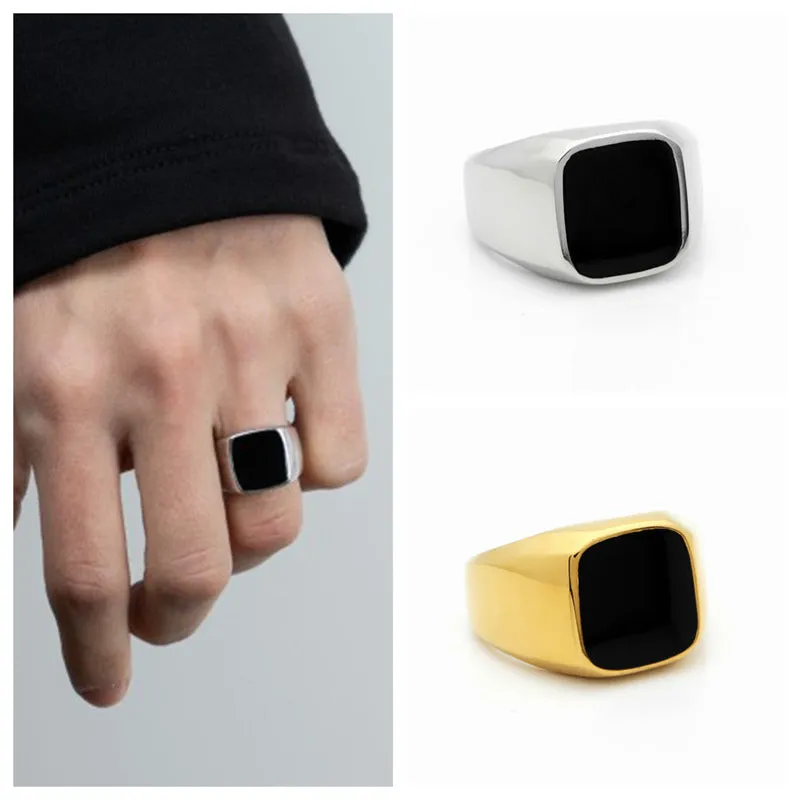 Black Square Flat Top Stainless Steel Signet Ring - Silver