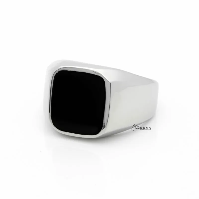 Black Square Flat Top Stainless Steel Signet Ring - Silver