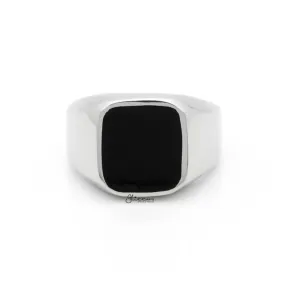 Black Square Flat Top Stainless Steel Signet Ring - Silver