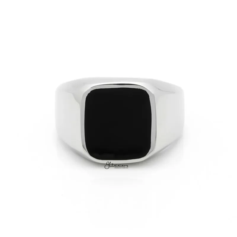 Black Square Flat Top Stainless Steel Signet Ring - Silver