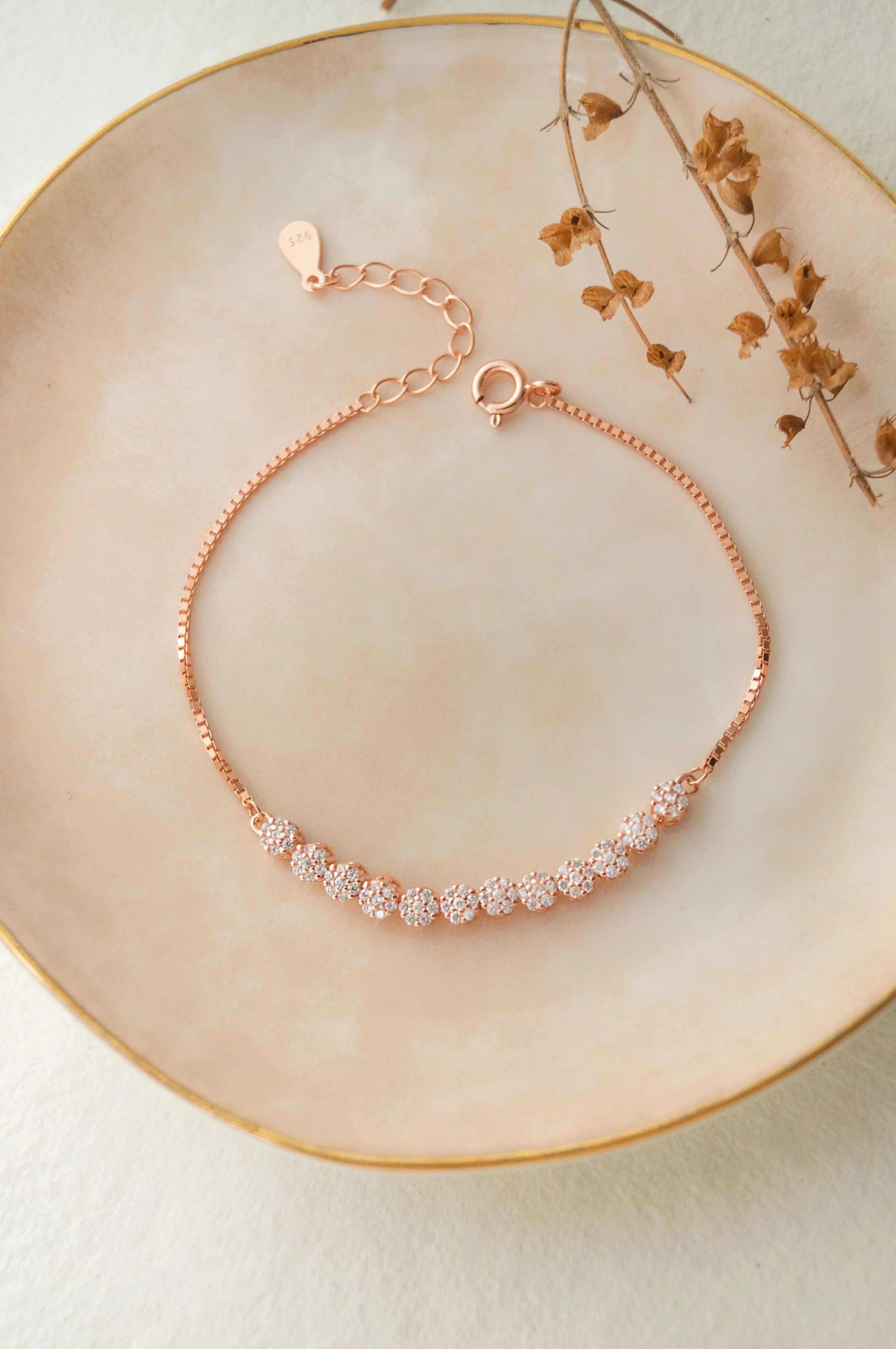 Blinging Clusters Rose Gold Plated Sterling Silver Chain Bracelet all