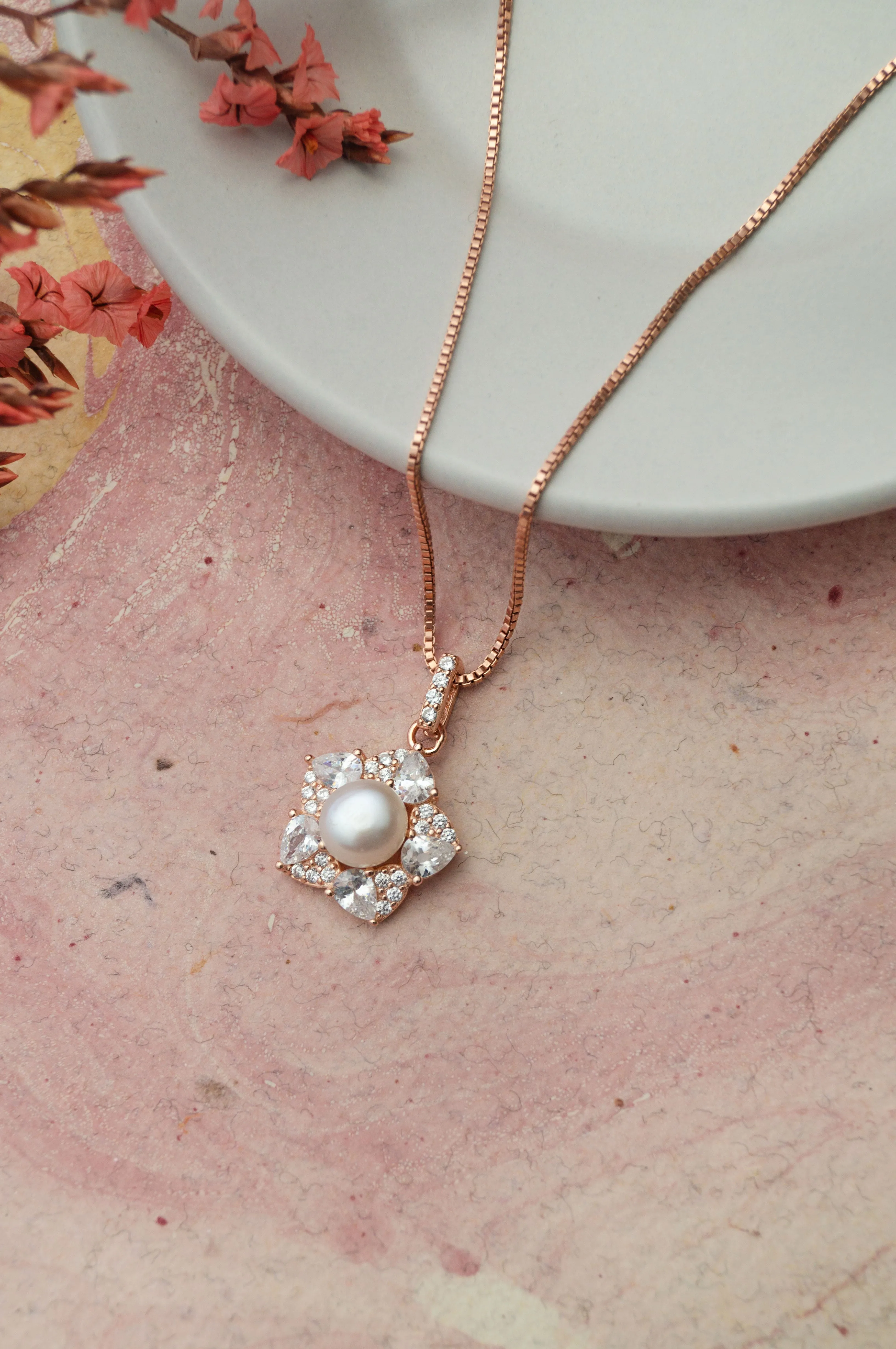 Blooming Pearl Flower Rose Gold Plated Sparkle Sterling Silver Pendant