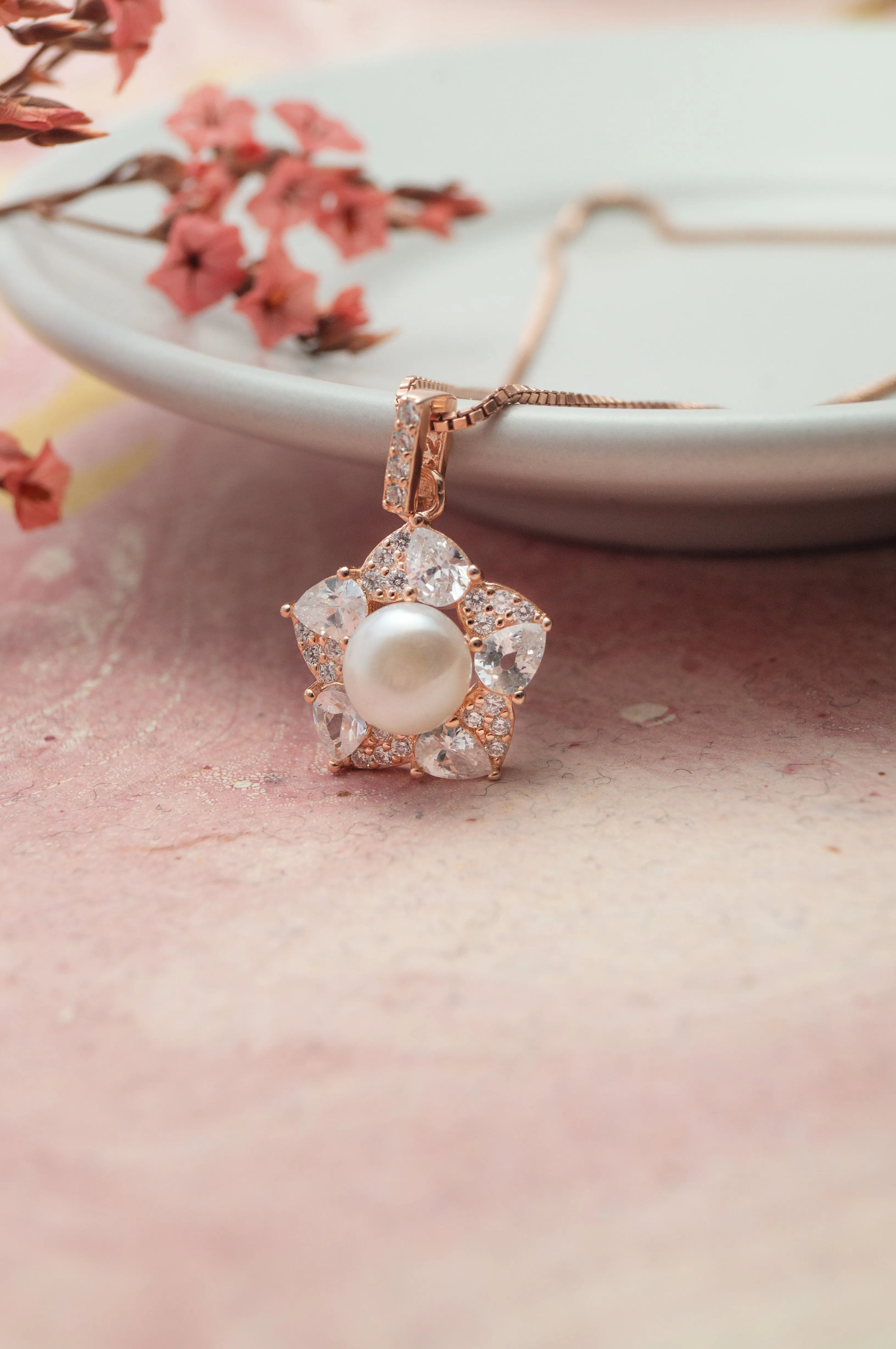 Blooming Pearl Flower Rose Gold Plated Sparkle Sterling Silver Pendant