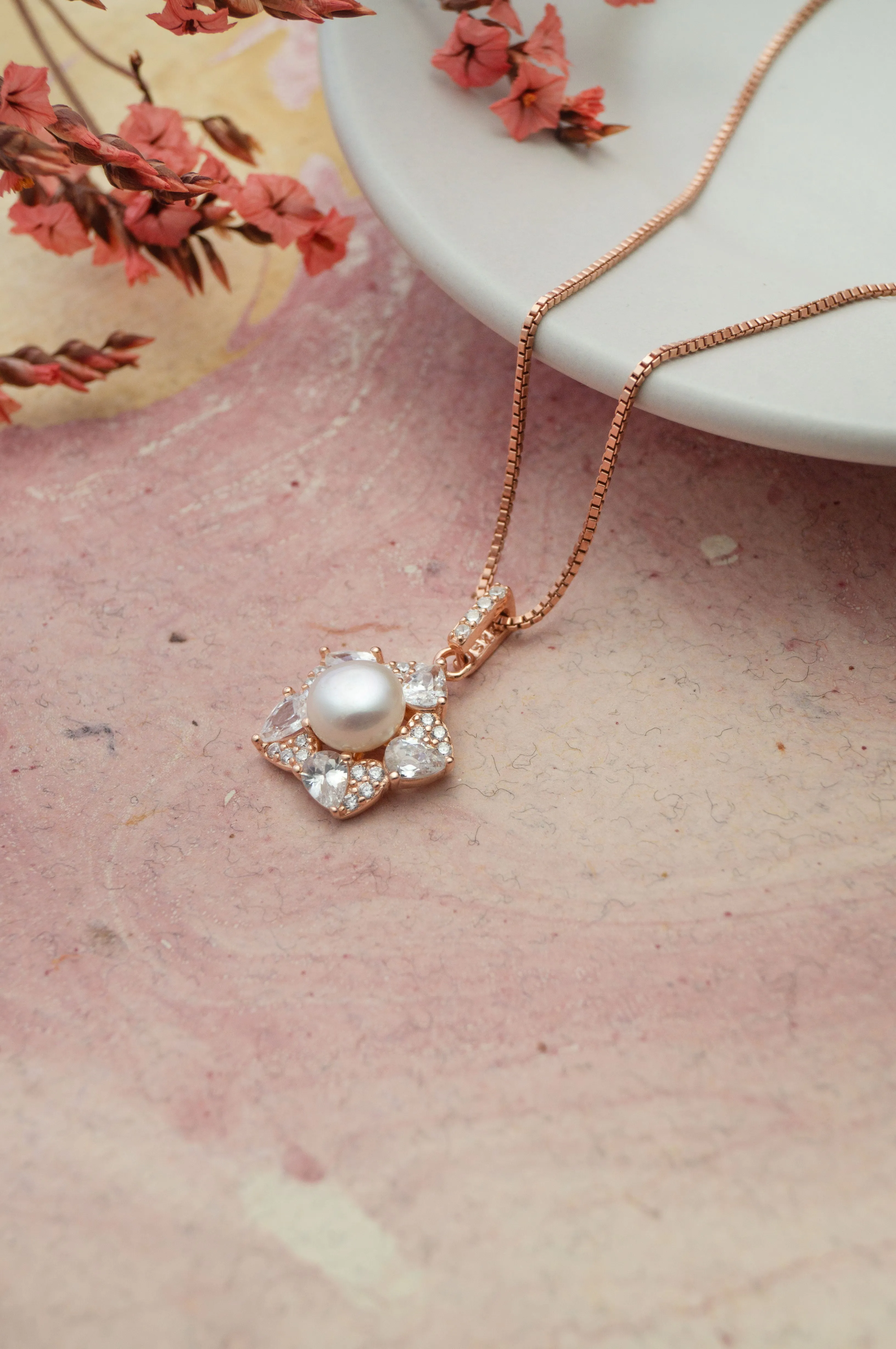 Blooming Pearl Flower Rose Gold Plated Sparkle Sterling Silver Pendant