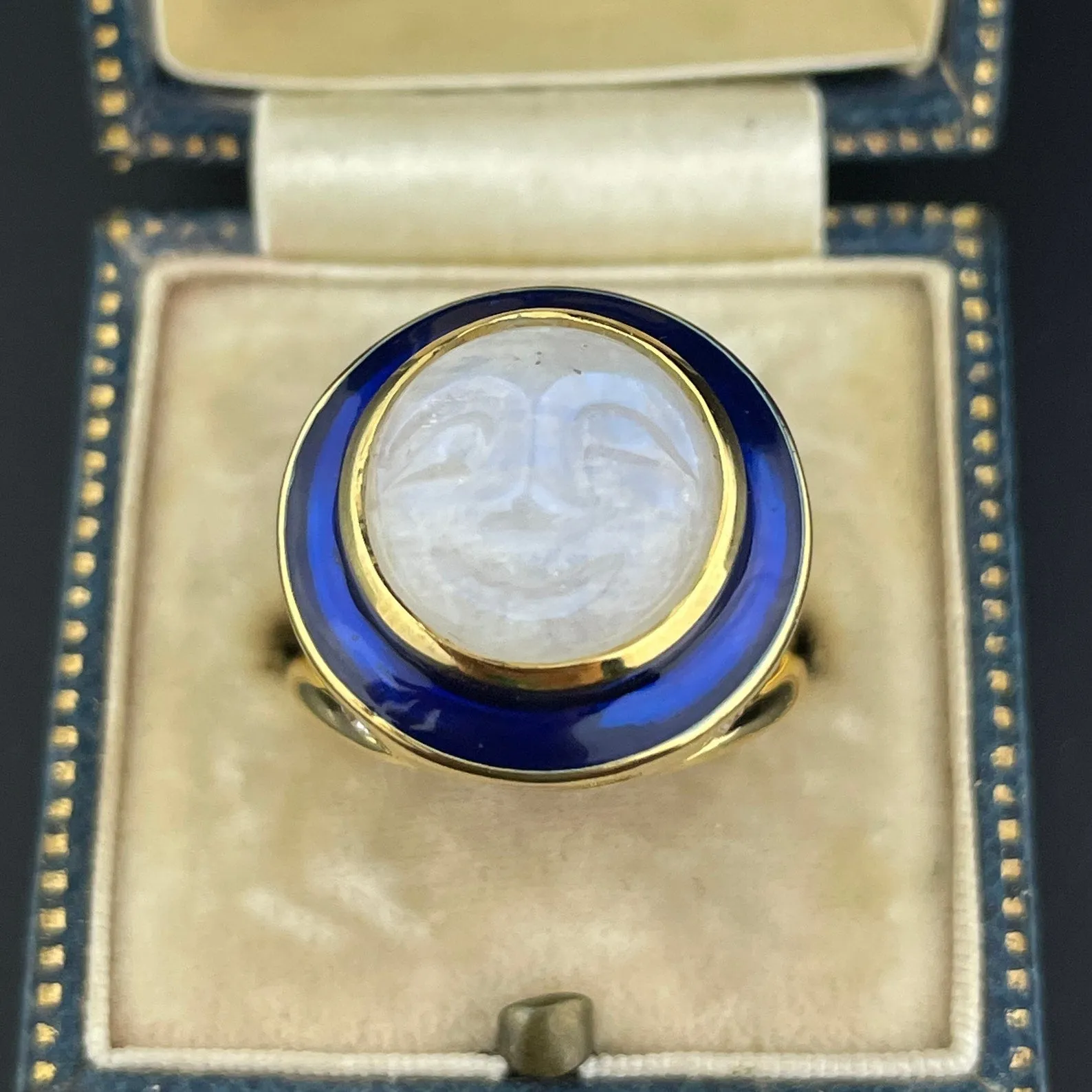 Blue Enamel Carved Moonstone Man in the Moon Ring, Sz 7