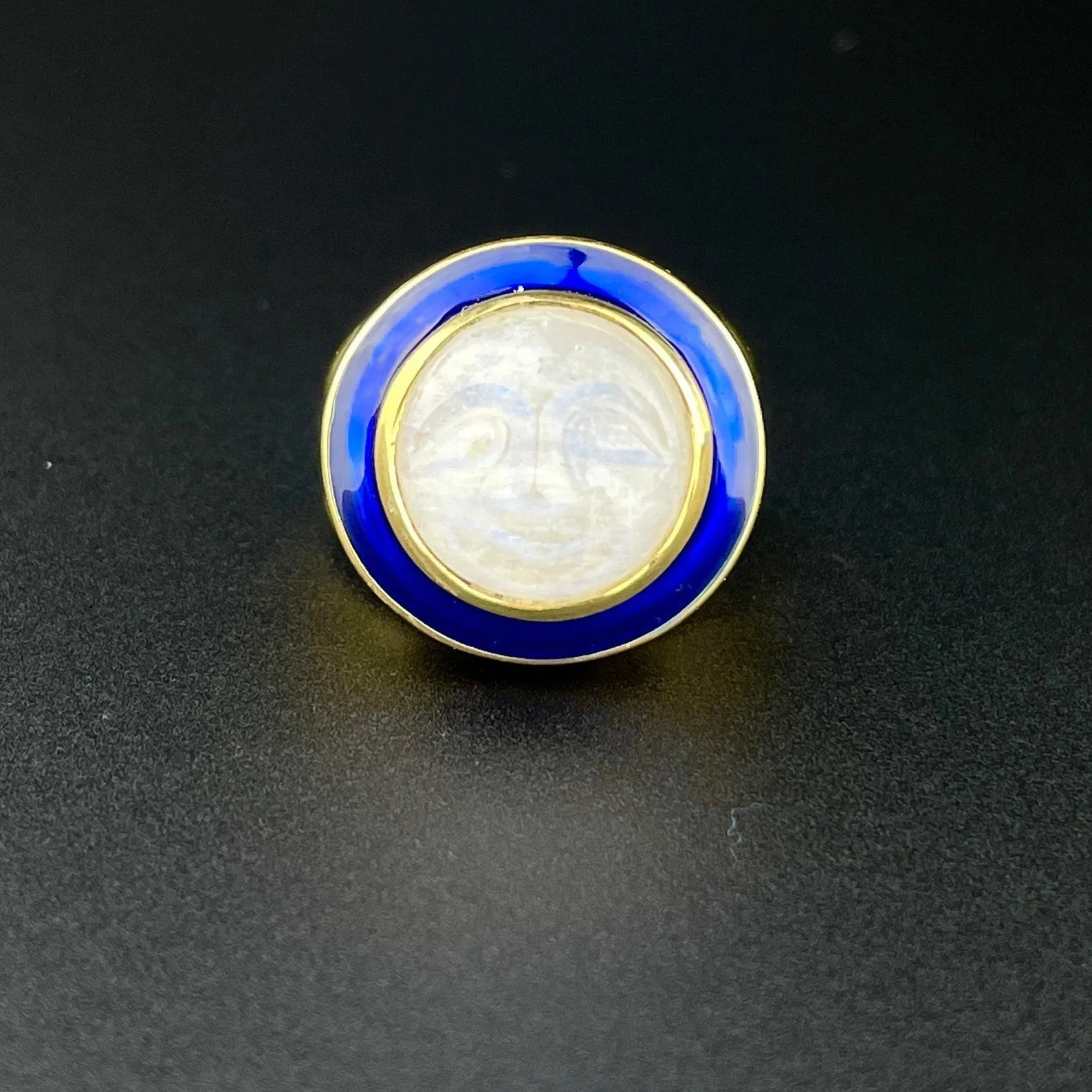 Blue Enamel Carved Moonstone Man in the Moon Ring, Sz 7