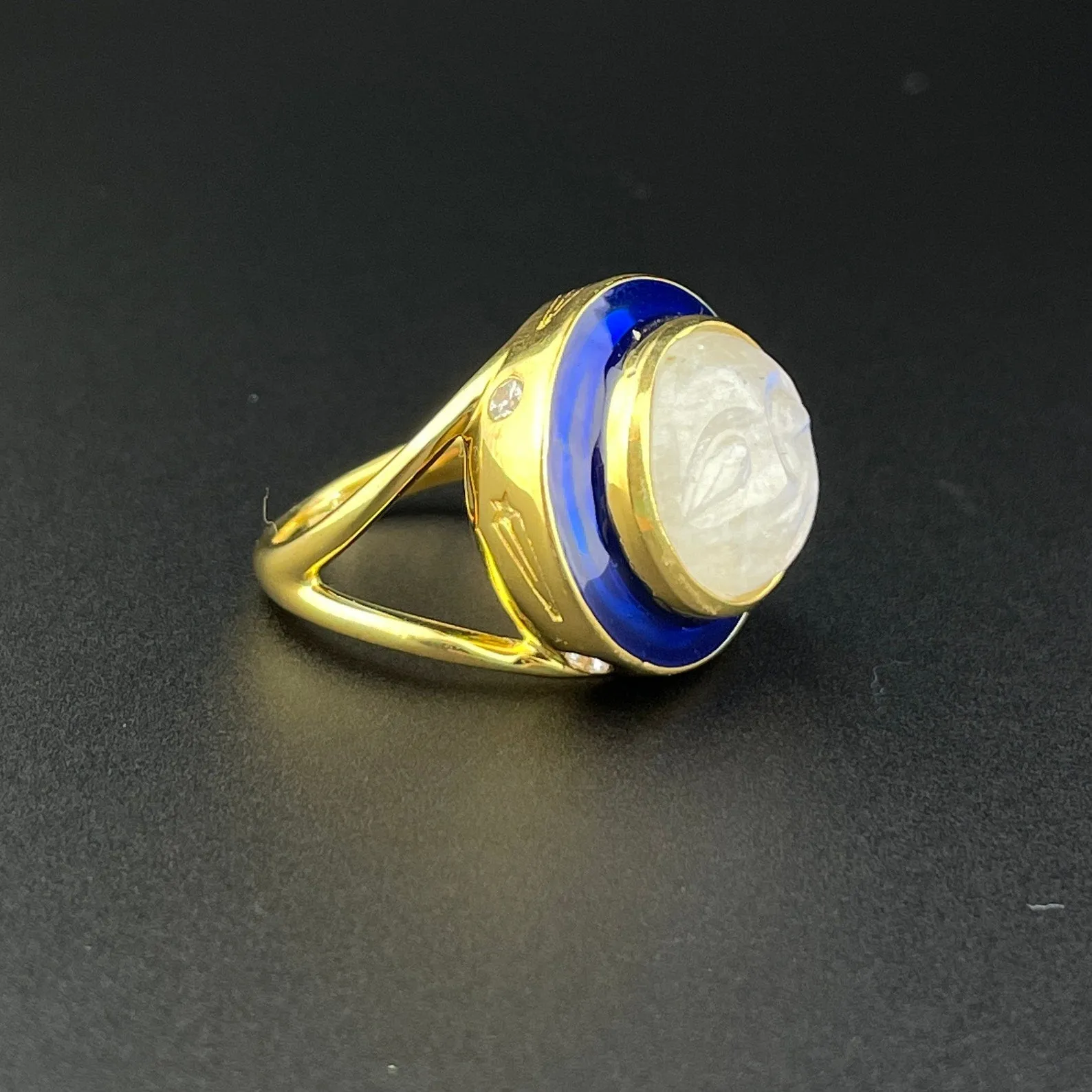 Blue Enamel Carved Moonstone Man in the Moon Ring, Sz 7