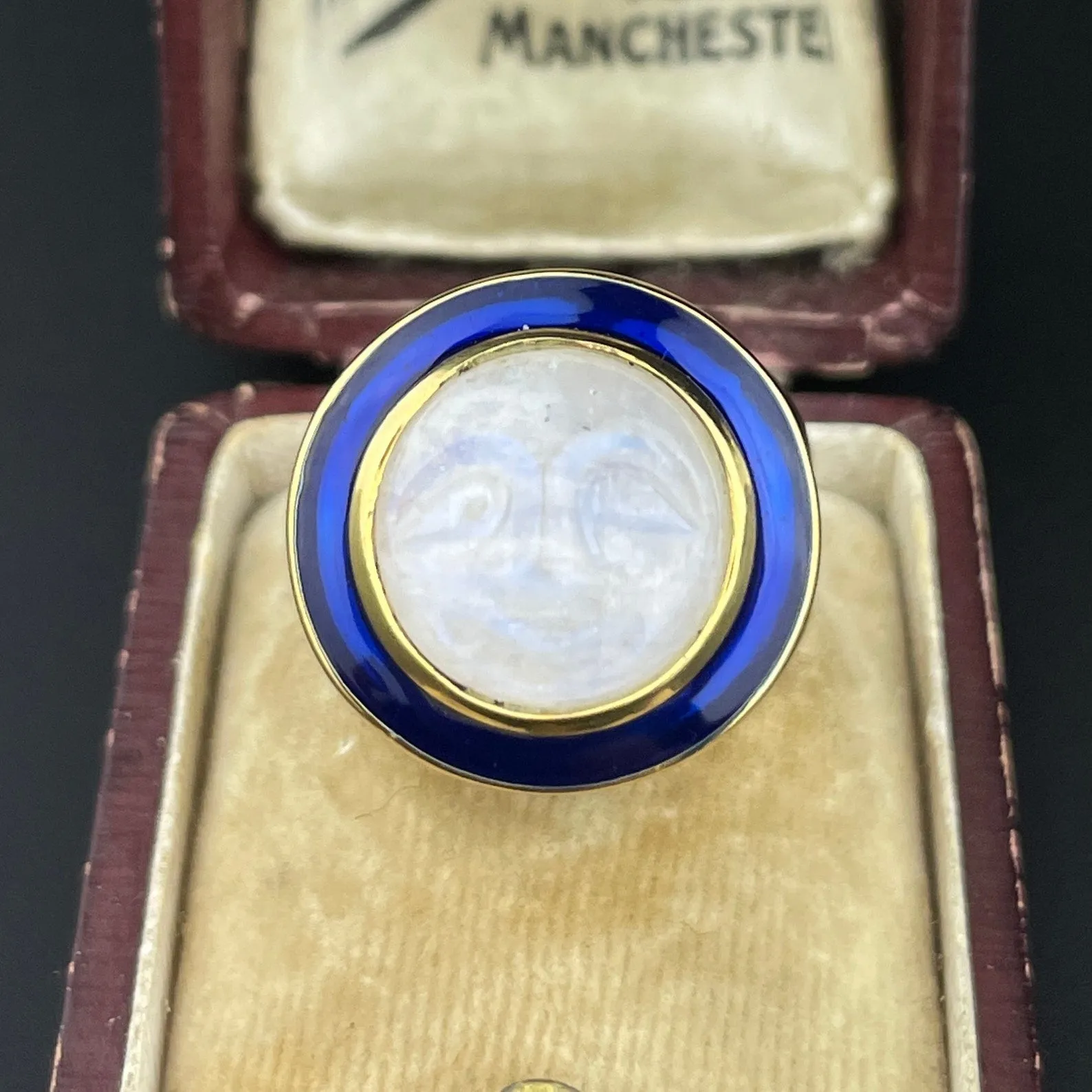 Blue Enamel Carved Moonstone Man in the Moon Ring, Sz 7