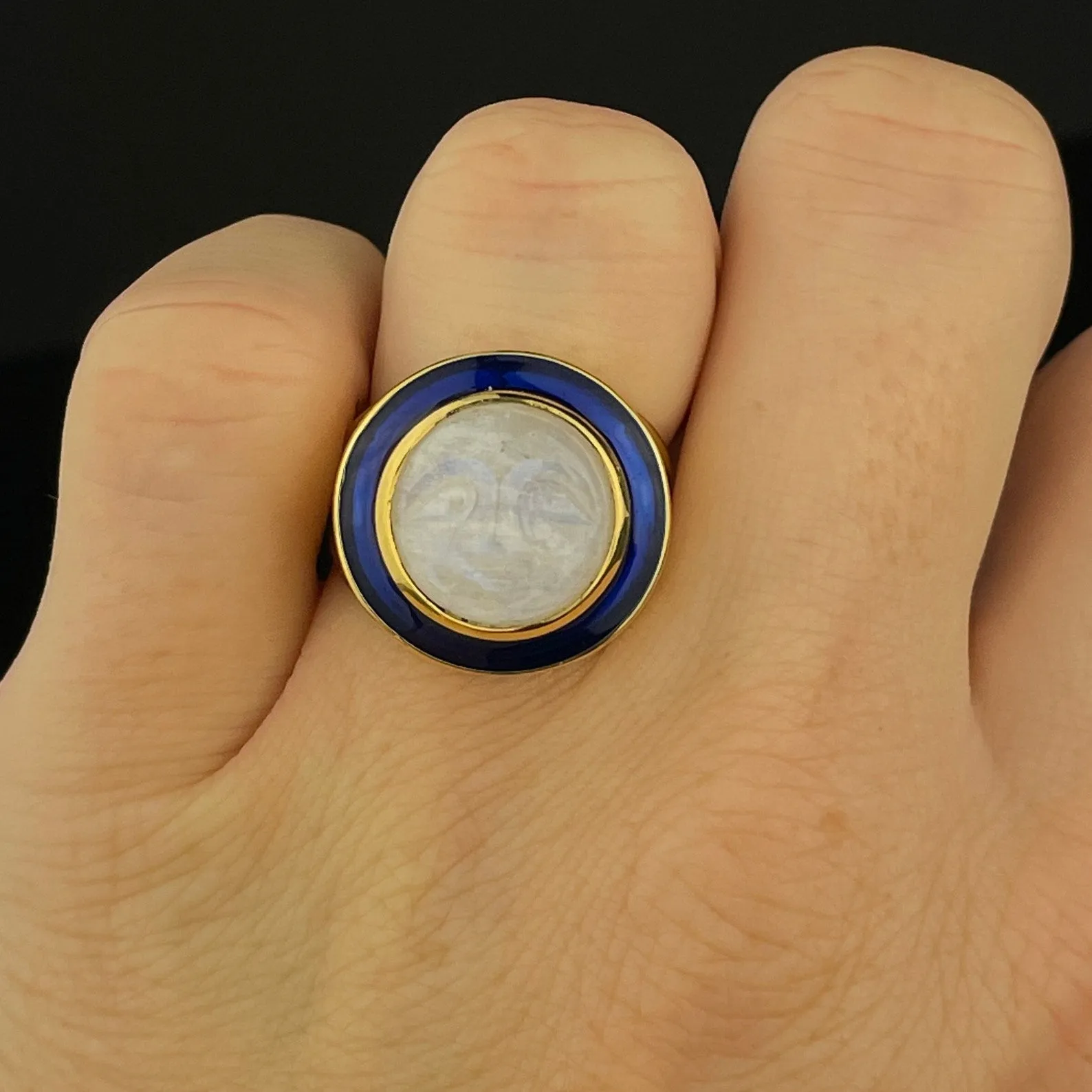 Blue Enamel Carved Moonstone Man in the Moon Ring, Sz 7