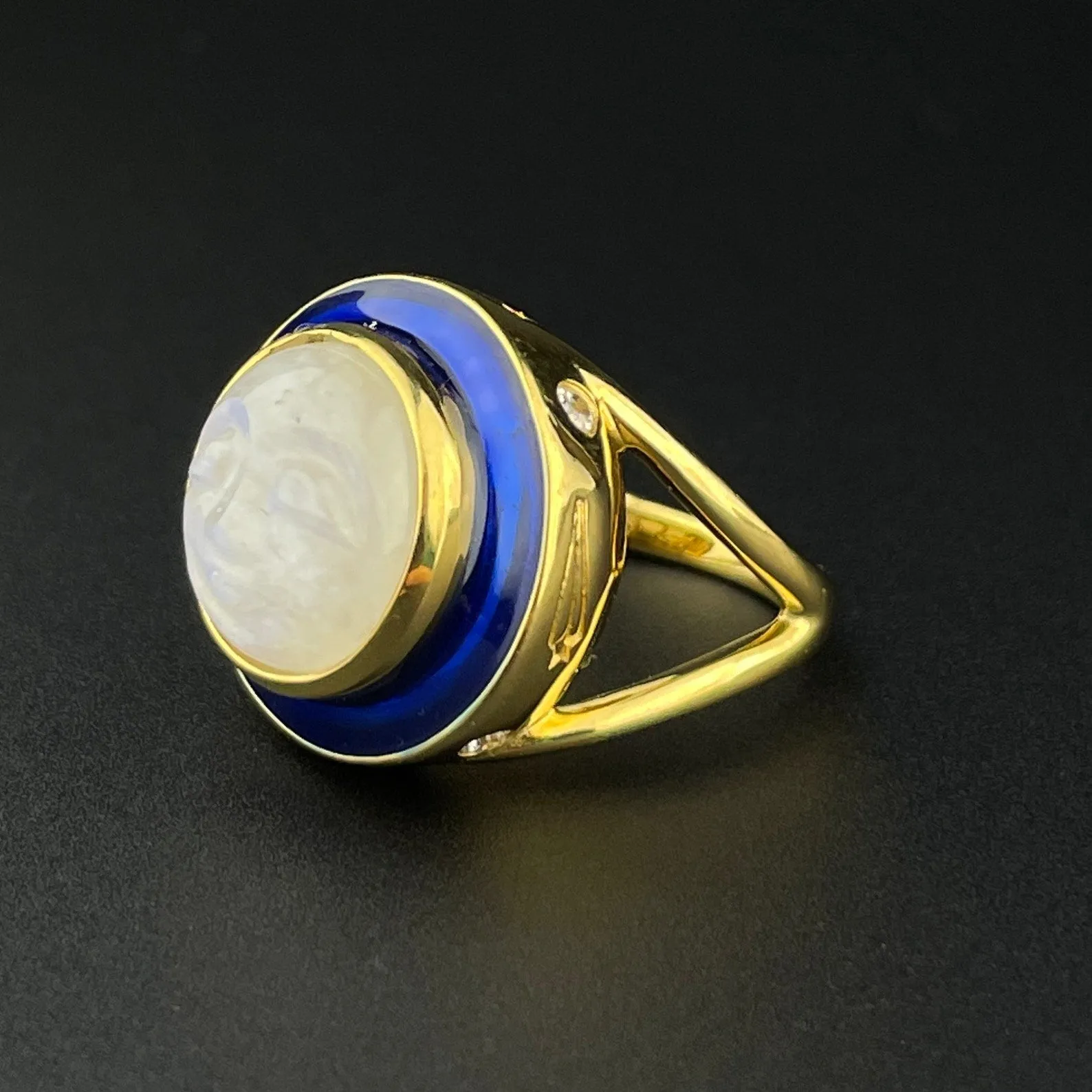 Blue Enamel Carved Moonstone Man in the Moon Ring, Sz 7