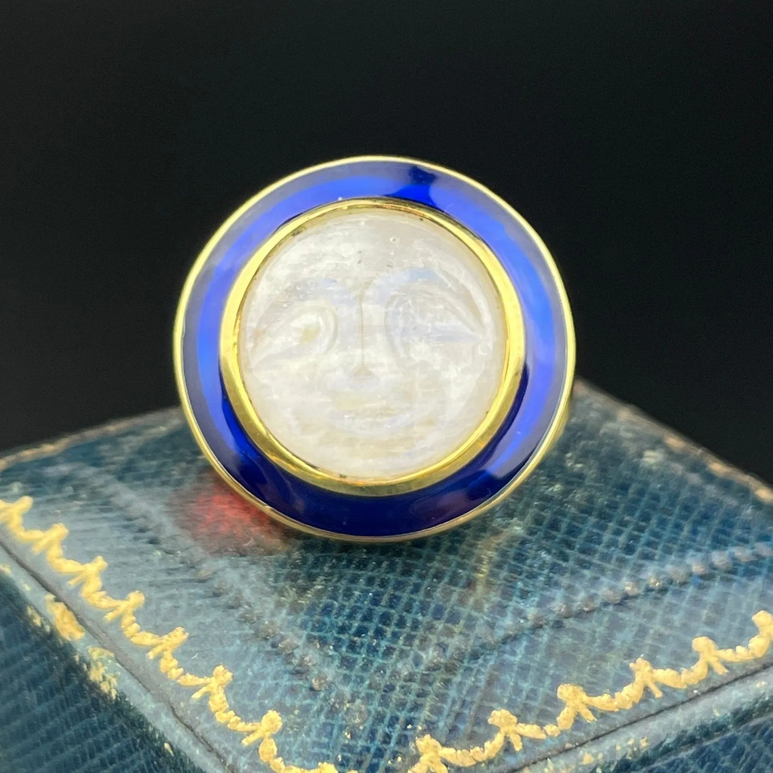 Blue Enamel Carved Moonstone Man in the Moon Ring, Sz 7