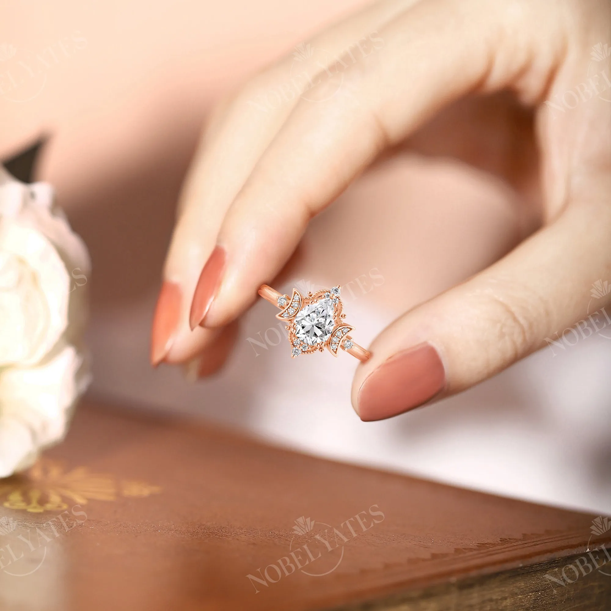 Celestial Moissanite Pear Moon Filigree Engagement Ring Rose Gold