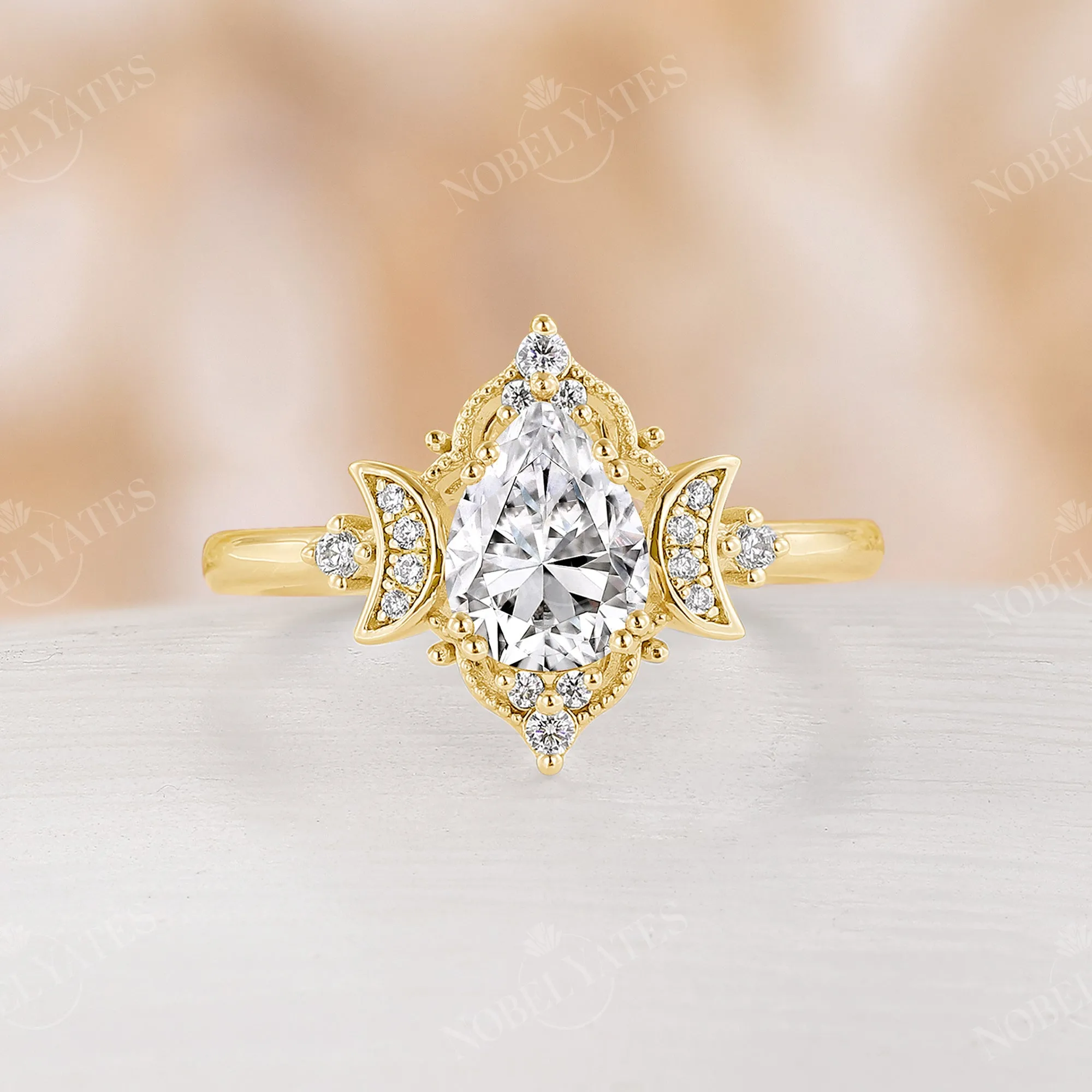 Celestial Moissanite Pear Moon Filigree Engagement Ring Rose Gold