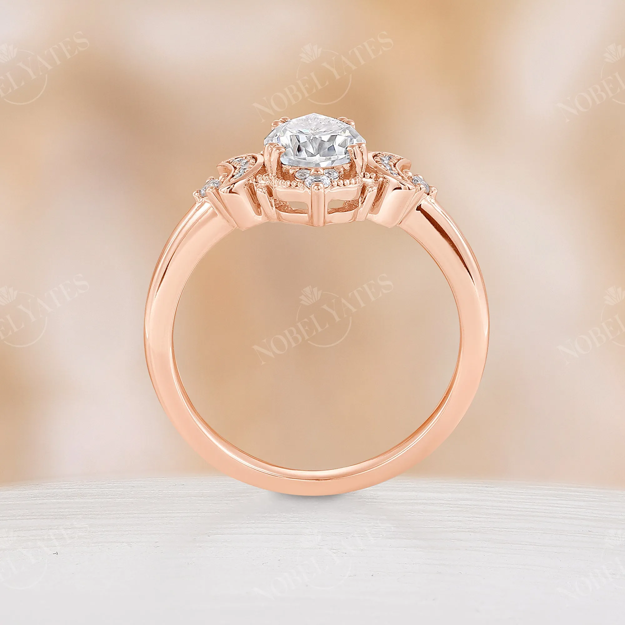 Celestial Moissanite Pear Moon Filigree Engagement Ring Rose Gold