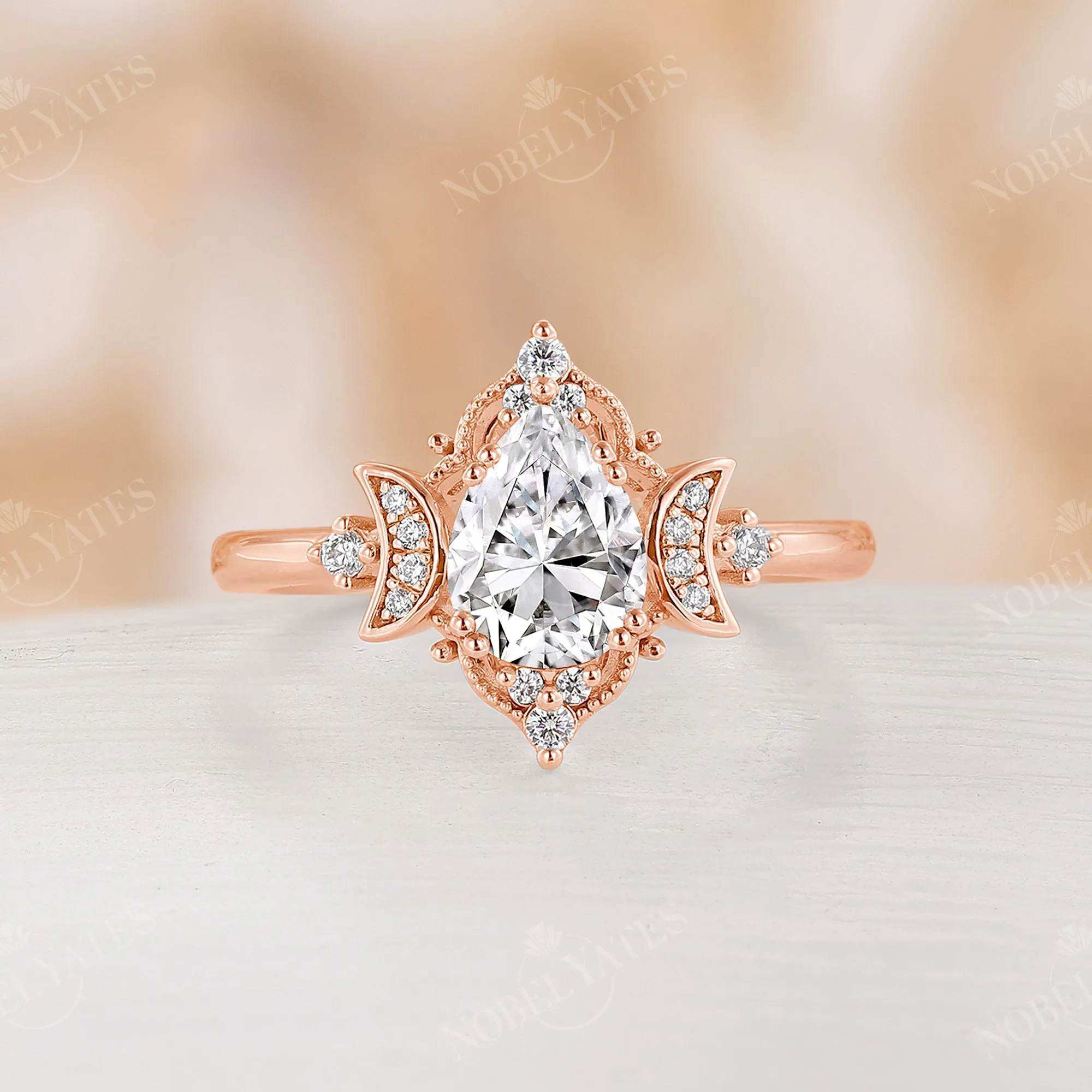 Celestial Moissanite Pear Moon Filigree Engagement Ring Rose Gold