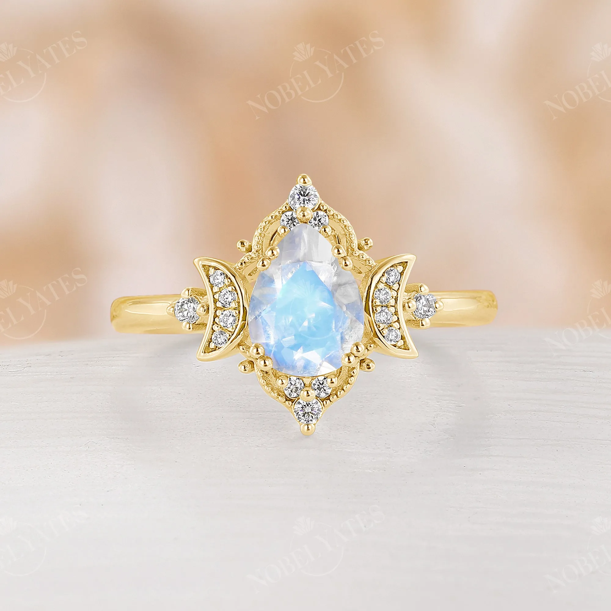 Celestial Moonstone Teardrop Milgrain Engagement Ring Rose Gold