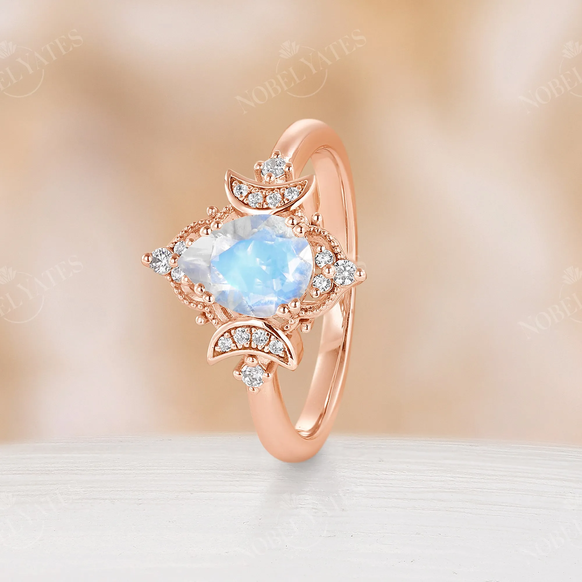 Celestial Moonstone Teardrop Milgrain Engagement Ring Rose Gold