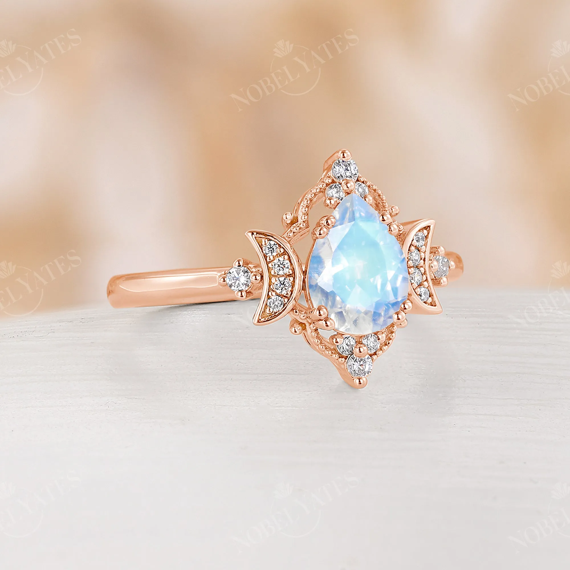 Celestial Moonstone Teardrop Milgrain Engagement Ring Rose Gold