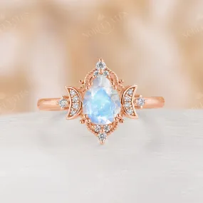 Celestial Moonstone Teardrop Milgrain Engagement Ring Rose Gold