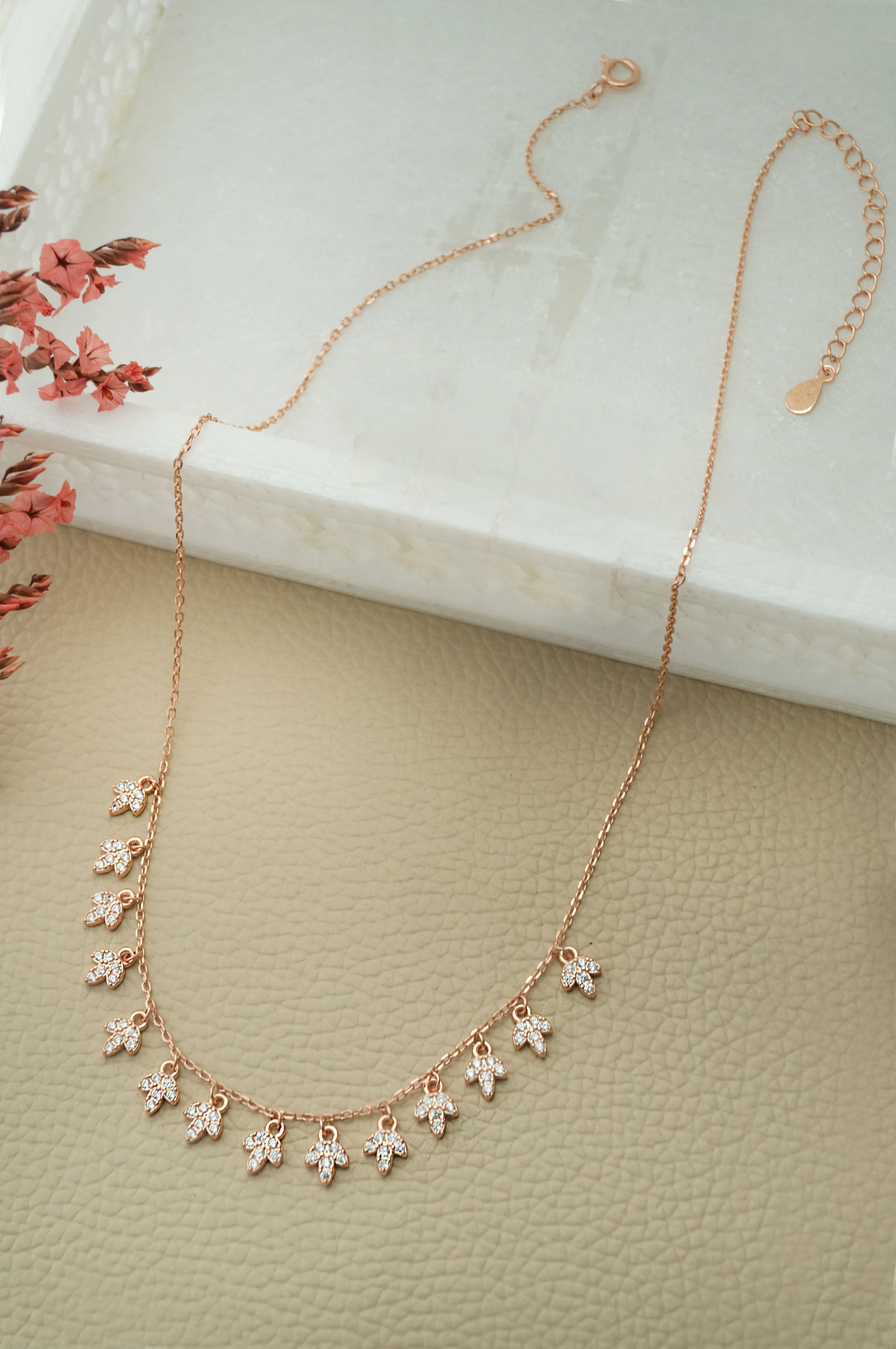 Charming Leaves Rose Gold Plated Sterling Silver Charm Necklace