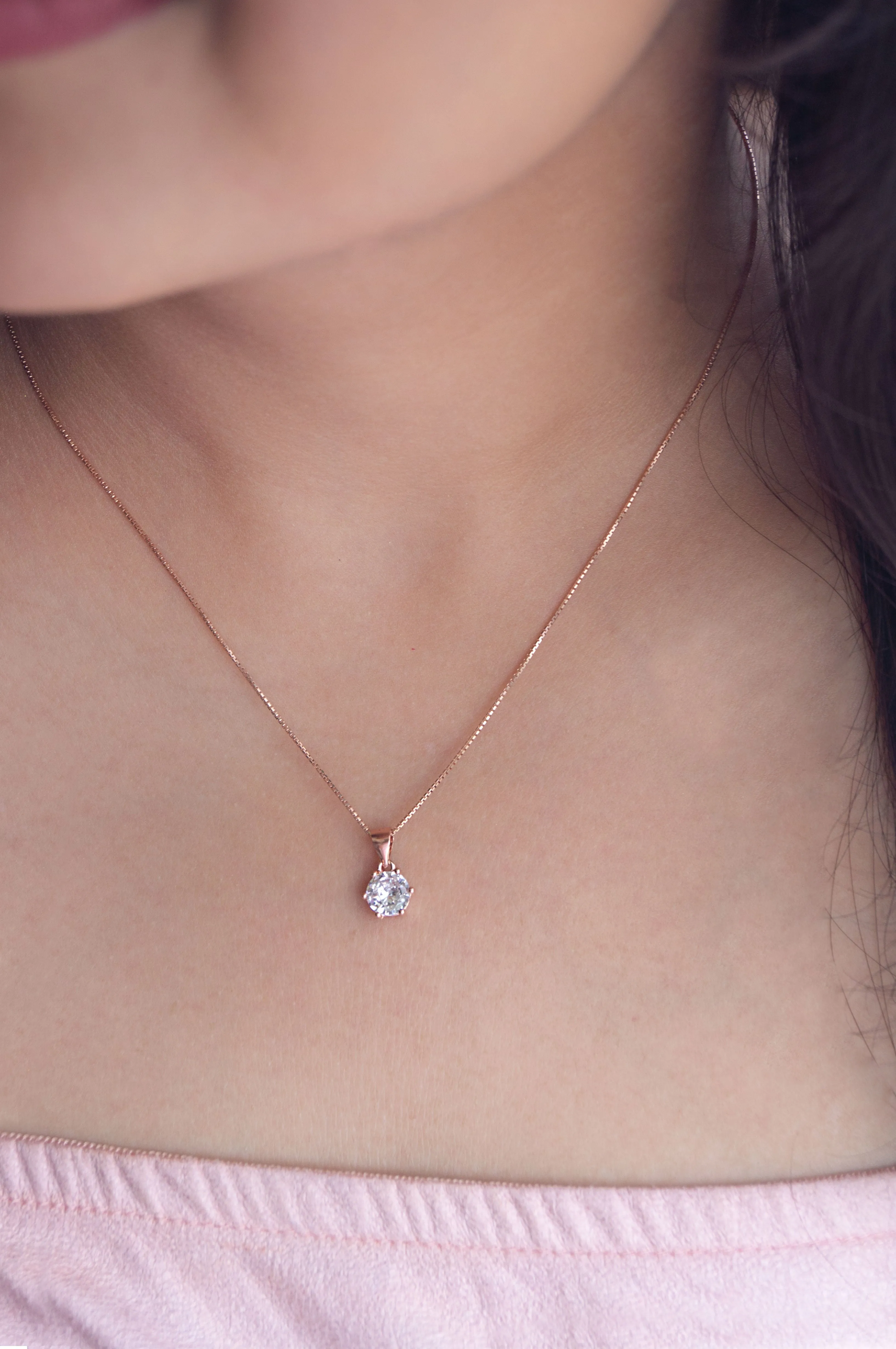 Classic Solitaire Rose Gold Plated Sterling Silver Chain Necklace