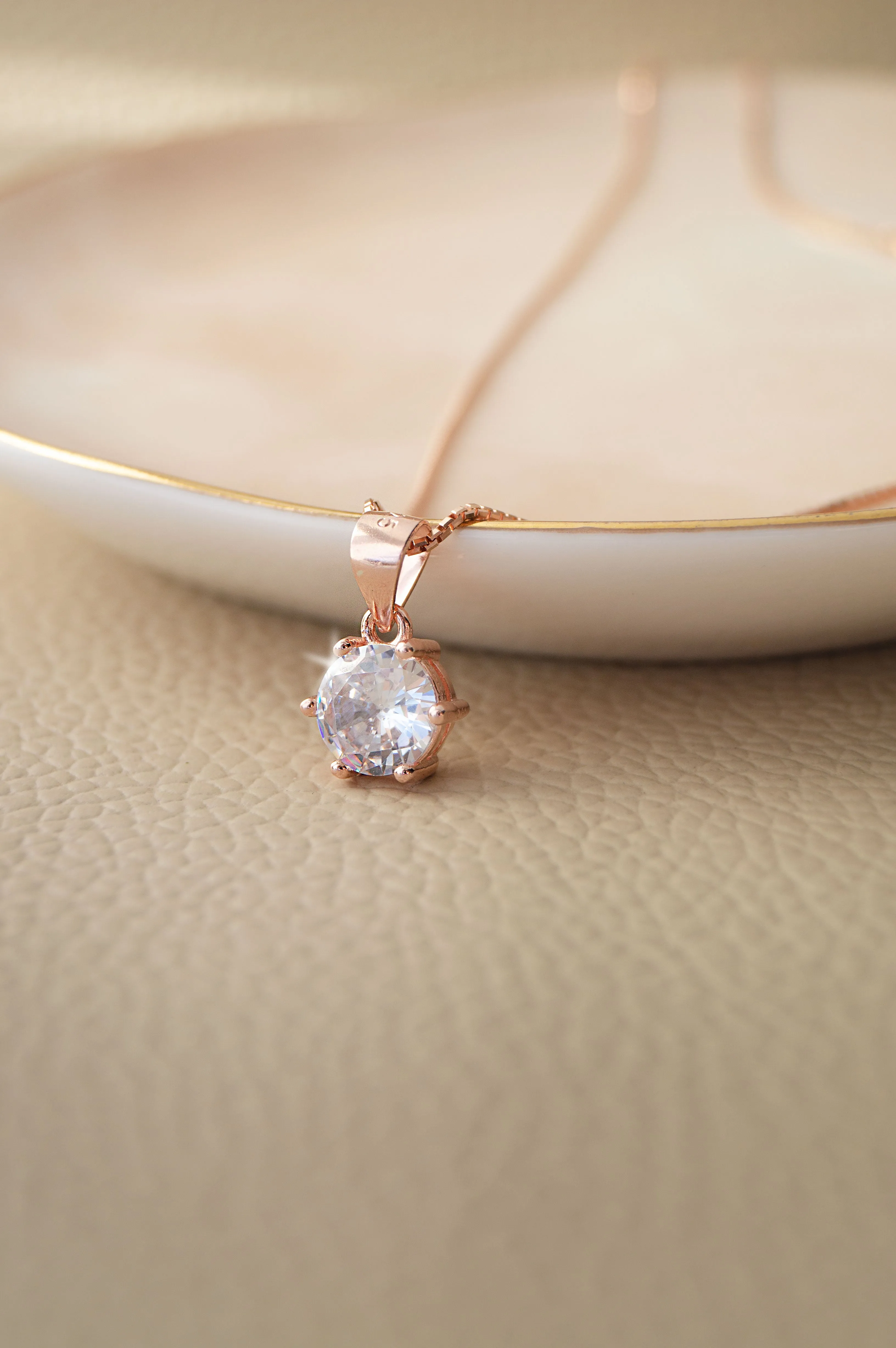 Classic Solitaire Rose Gold Plated Sterling Silver Chain Necklace