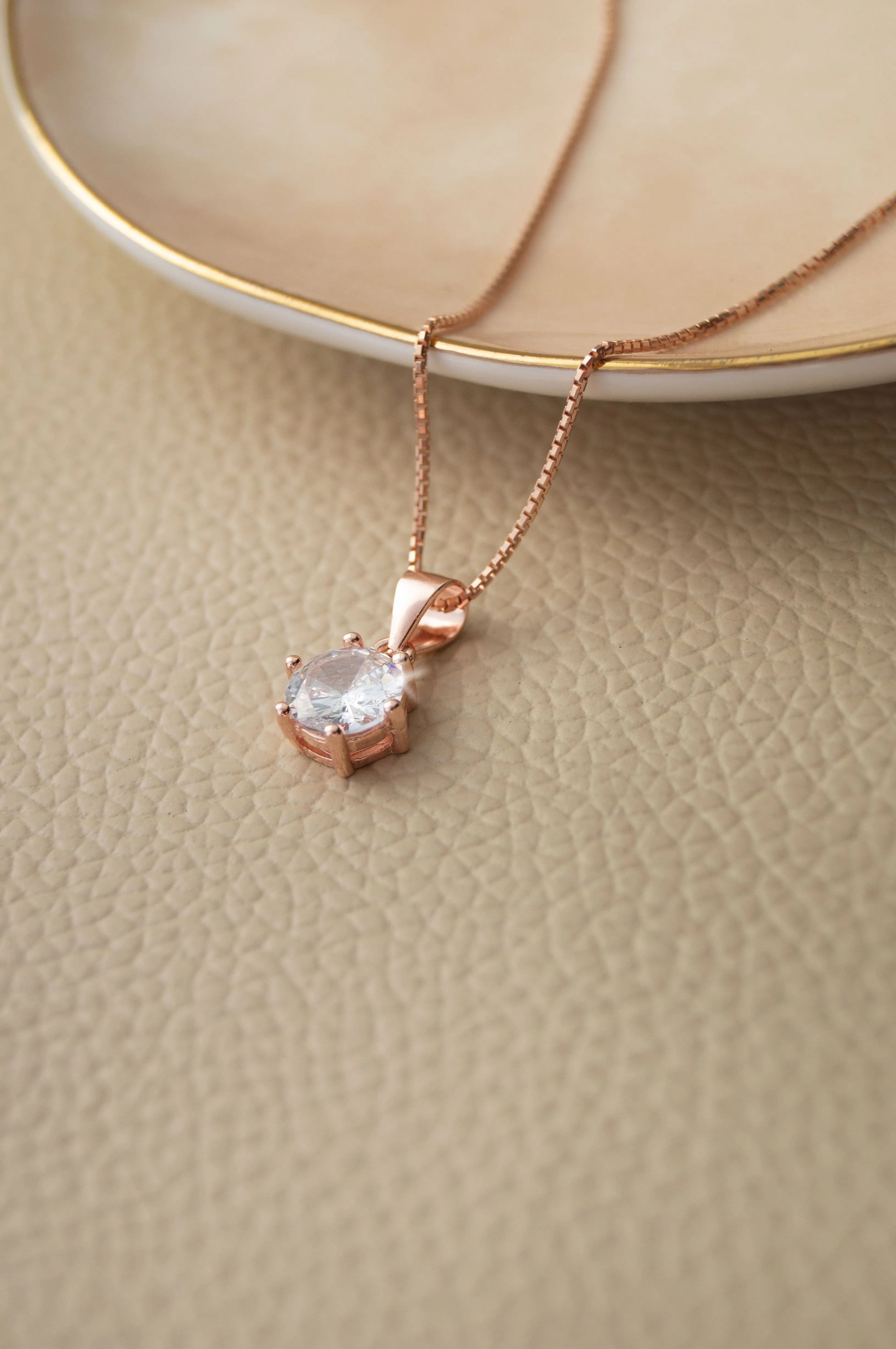 Classic Solitaire Rose Gold Plated Sterling Silver Chain Necklace