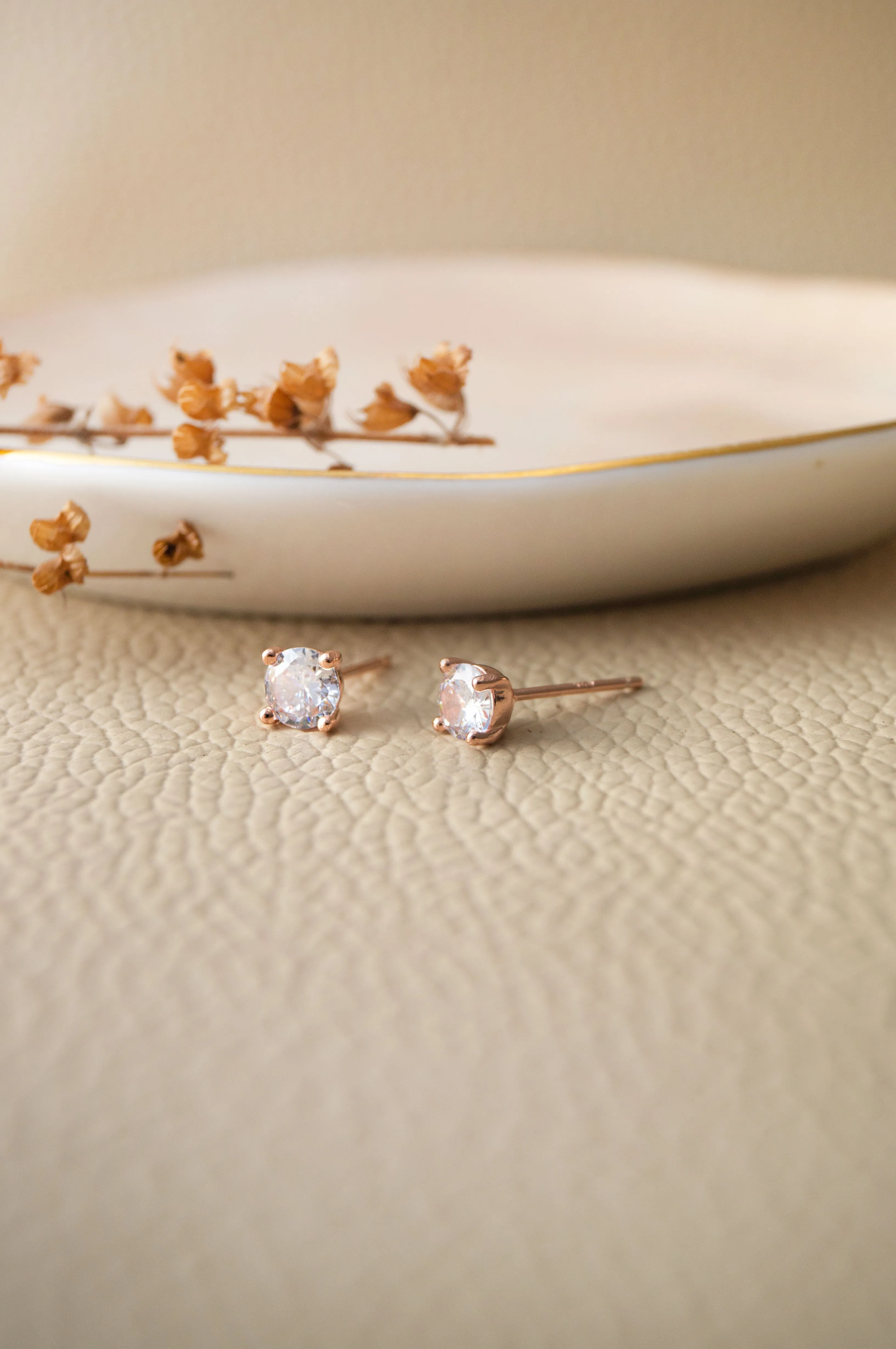 Classic Solitaire Rose Gold Plated Sterling Silver Stud Earrings