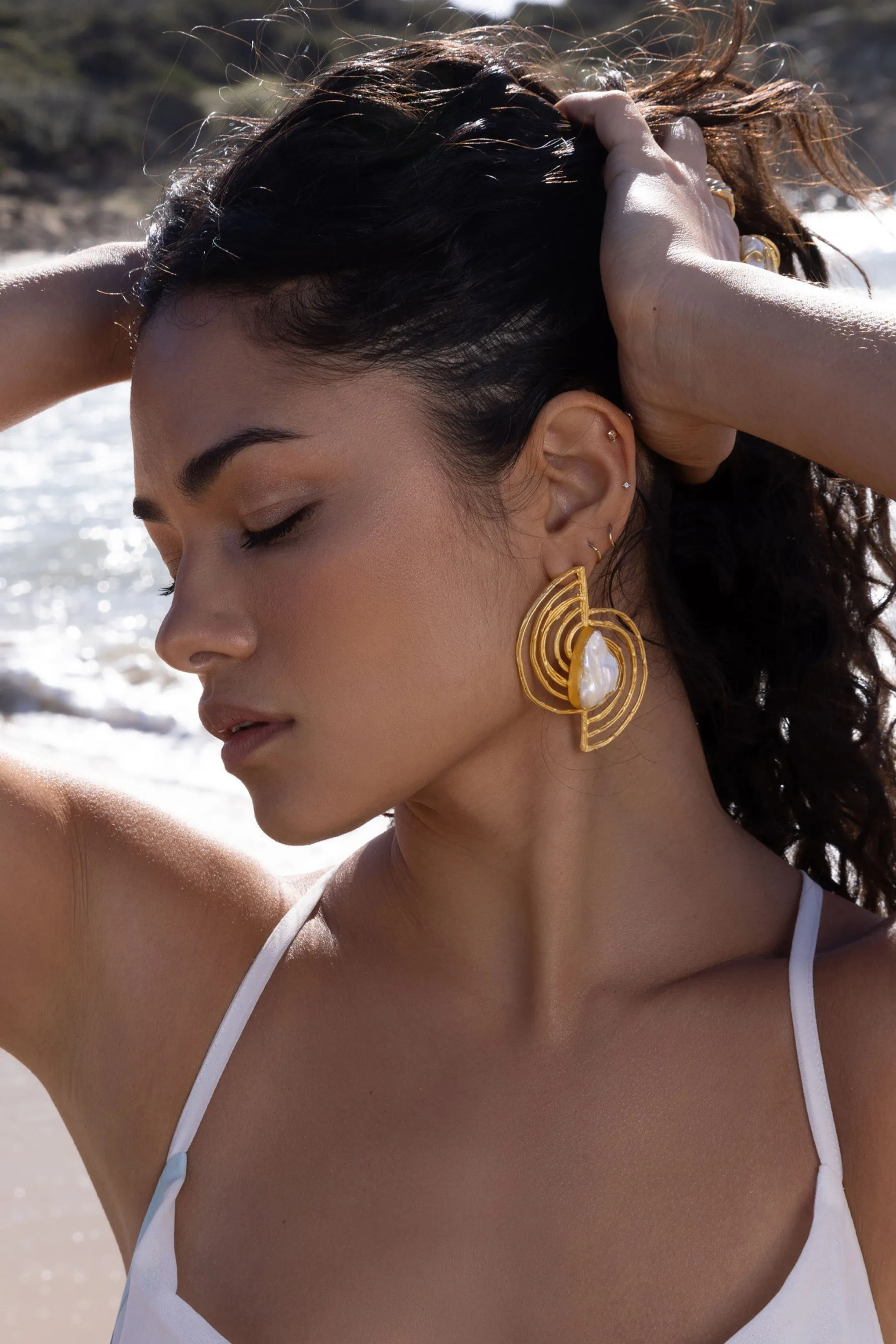 Coastline | Gold Abstract Earrings With Iridescent Shell