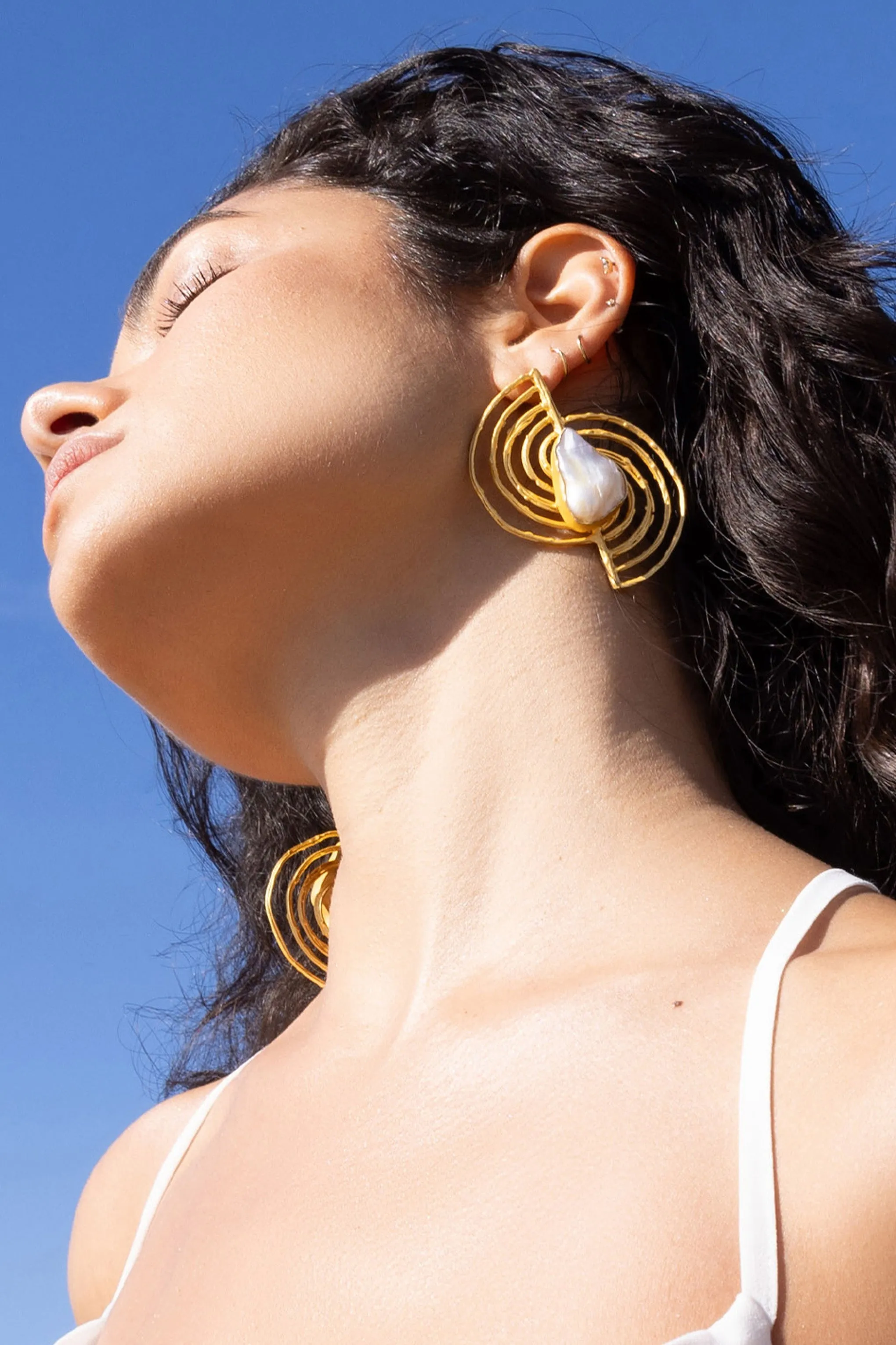 Coastline | Gold Abstract Earrings With Iridescent Shell