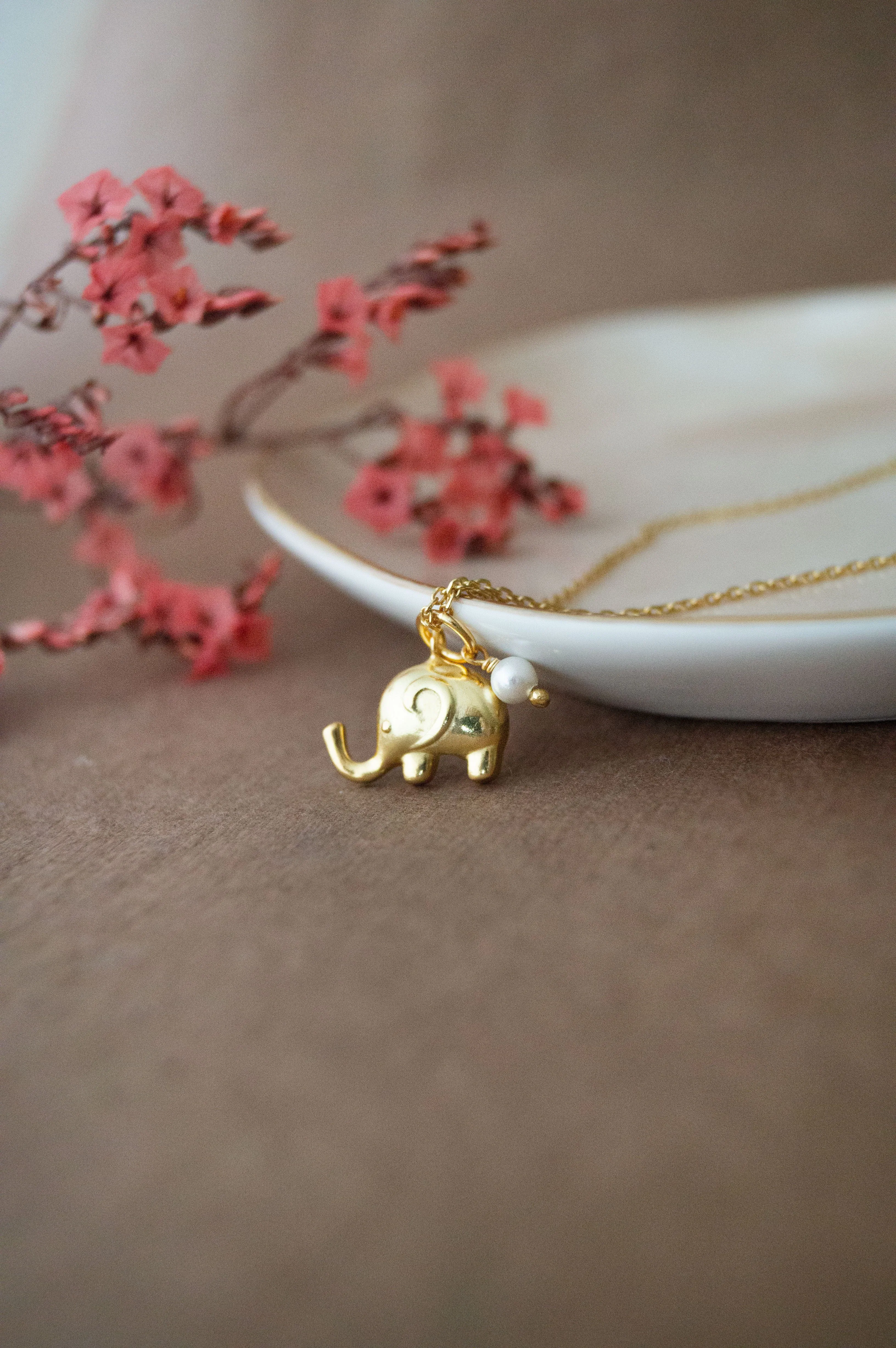 Cute Elephant With Pearl Gold Plated Sterling Silver Charm Pendant With Chain