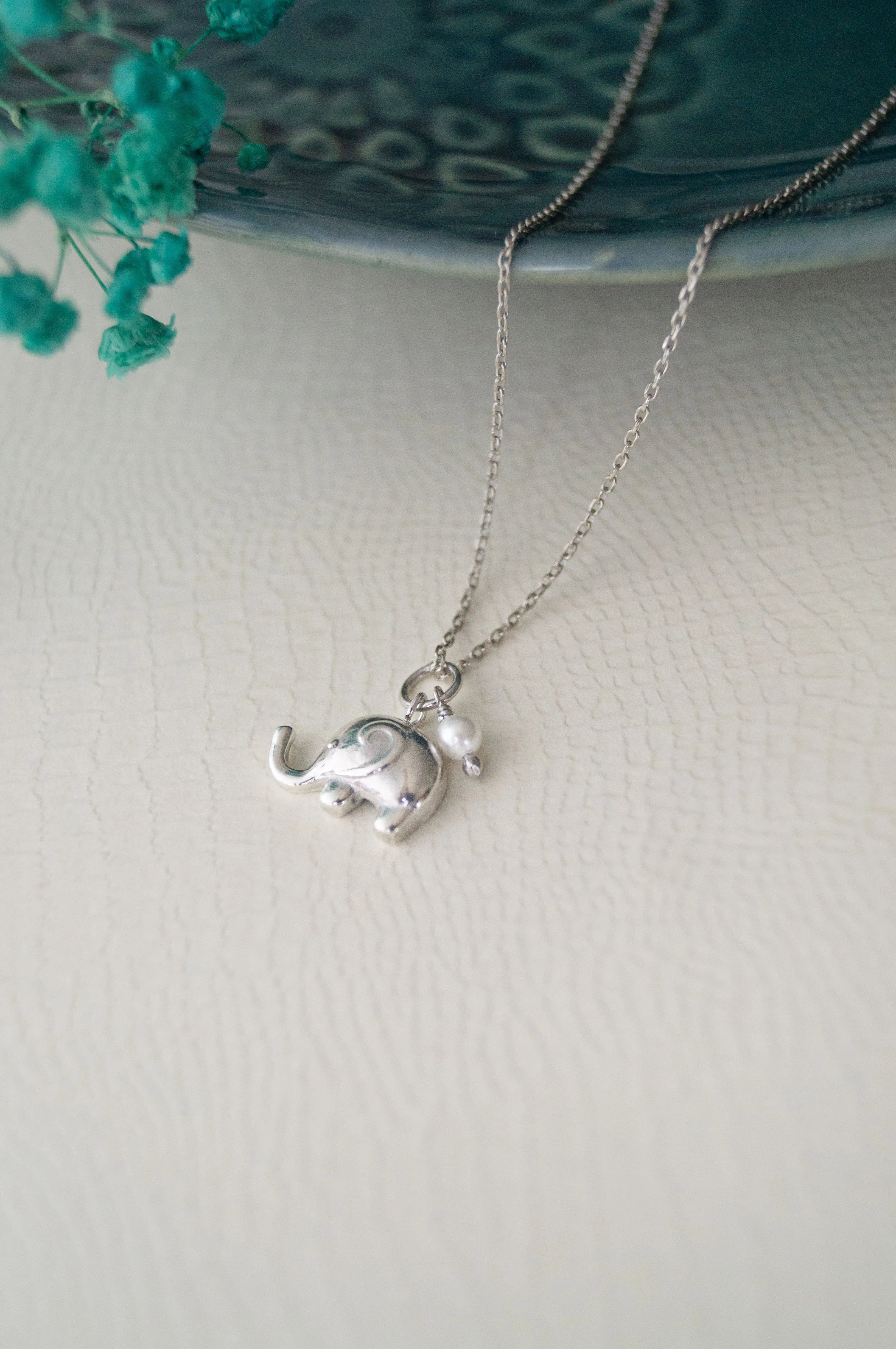 Cute Elephant With Pearl Gold Plated Sterling Silver Charm Pendant With Chain