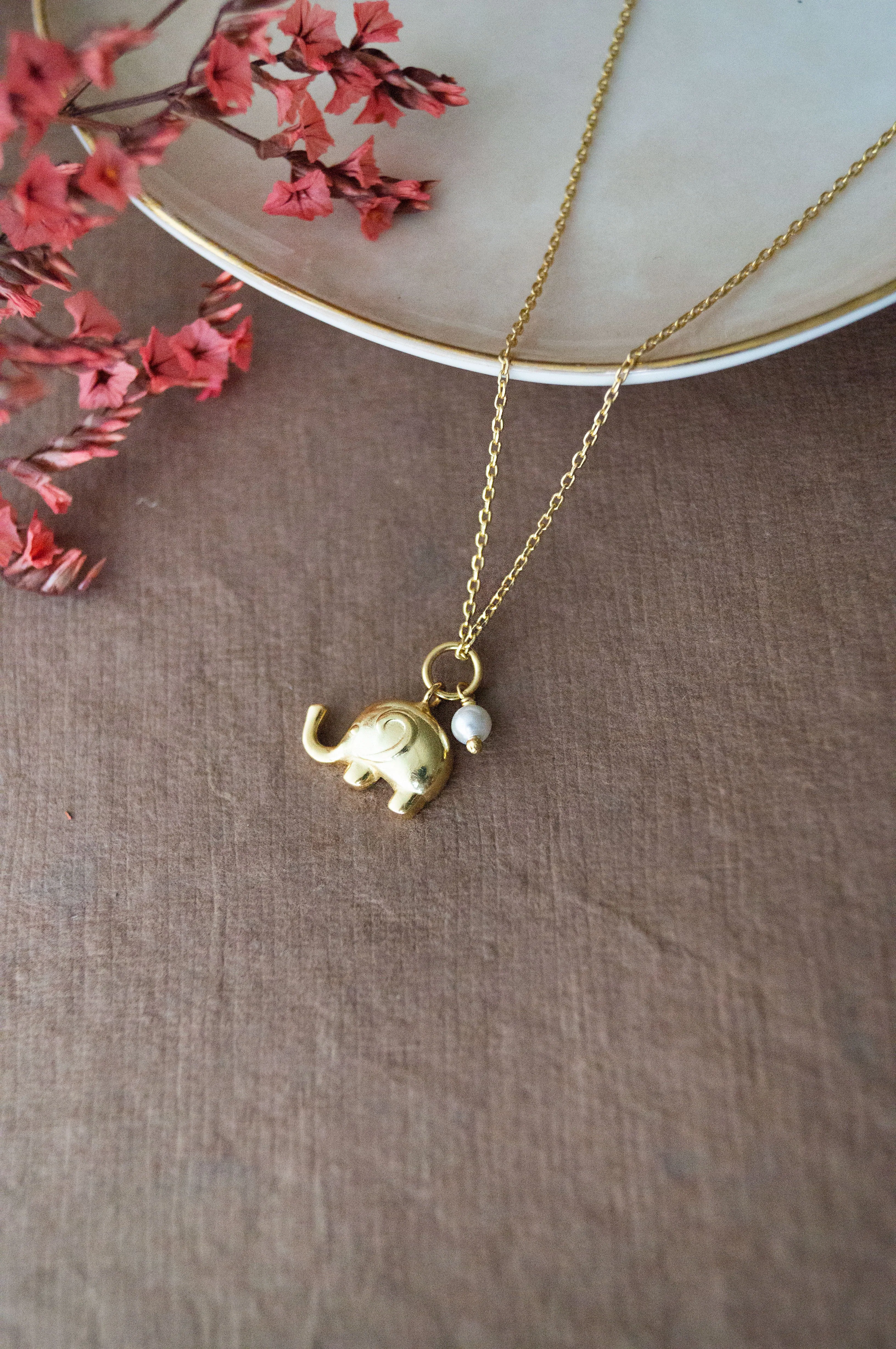 Cute Elephant With Pearl Gold Plated Sterling Silver Charm Pendant With Chain