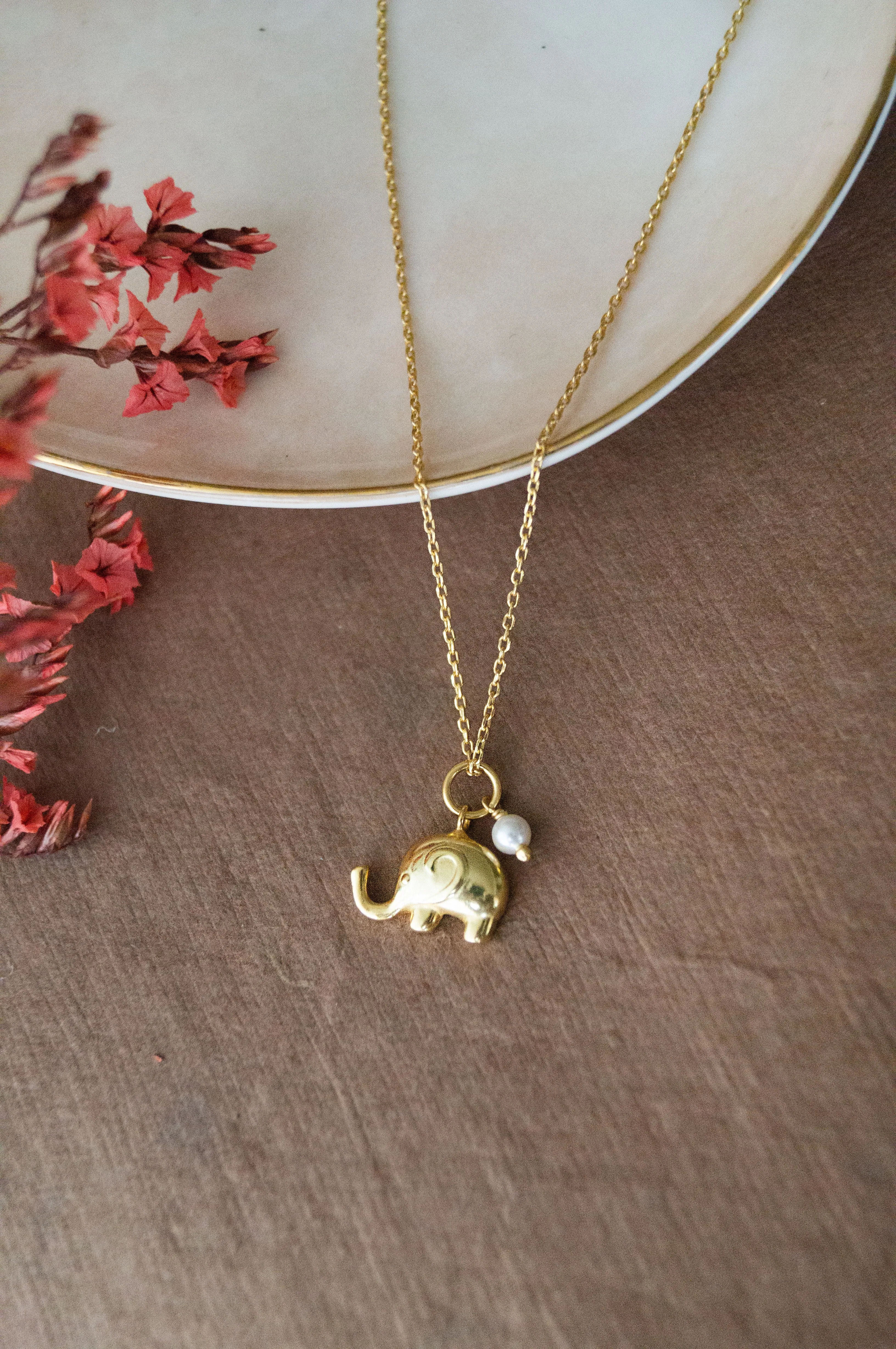 Cute Elephant With Pearl Gold Plated Sterling Silver Charm Pendant With Chain