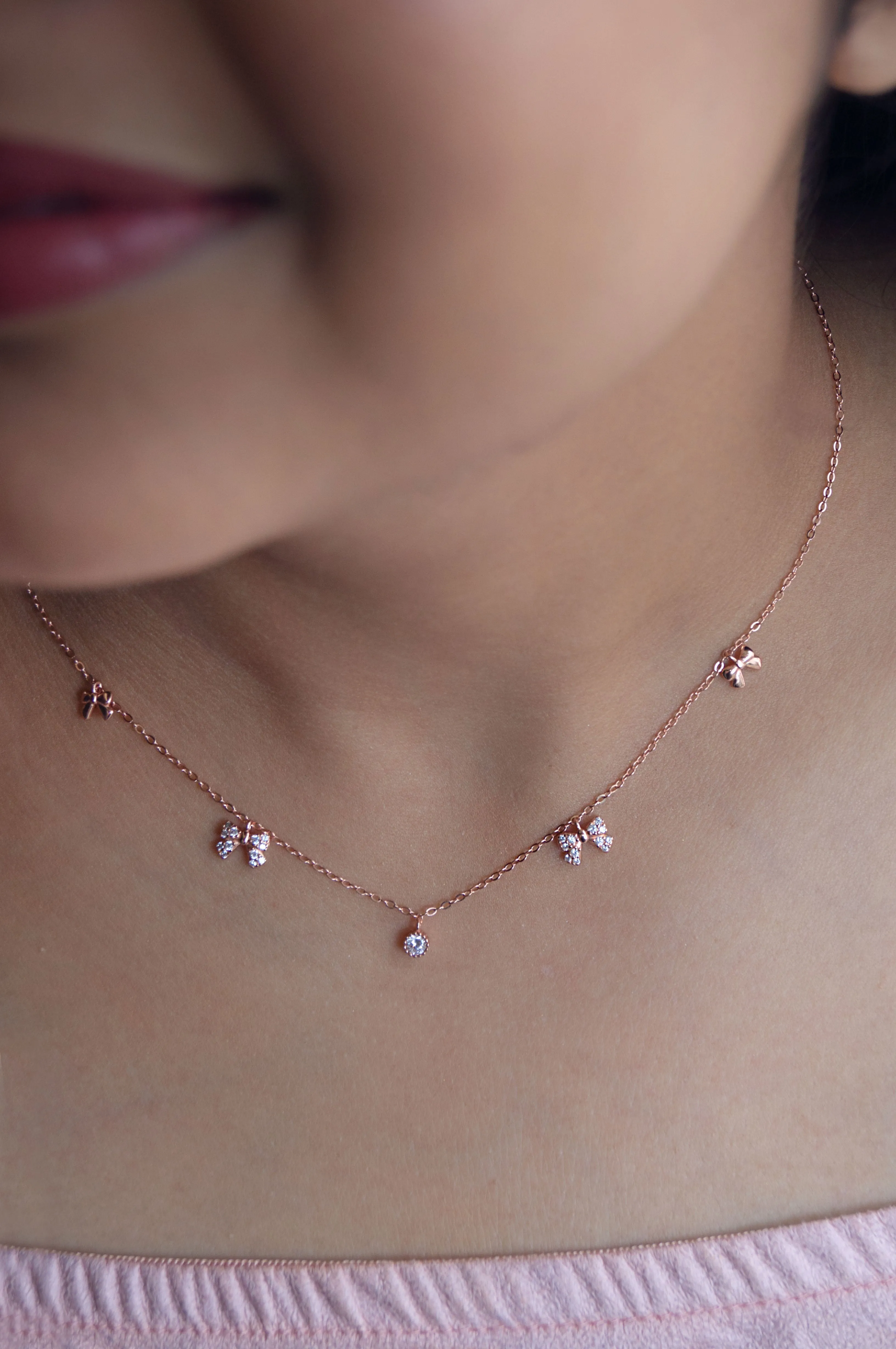 Cutie Bow Rose Gold Plated Sterling Silver Necklace Set