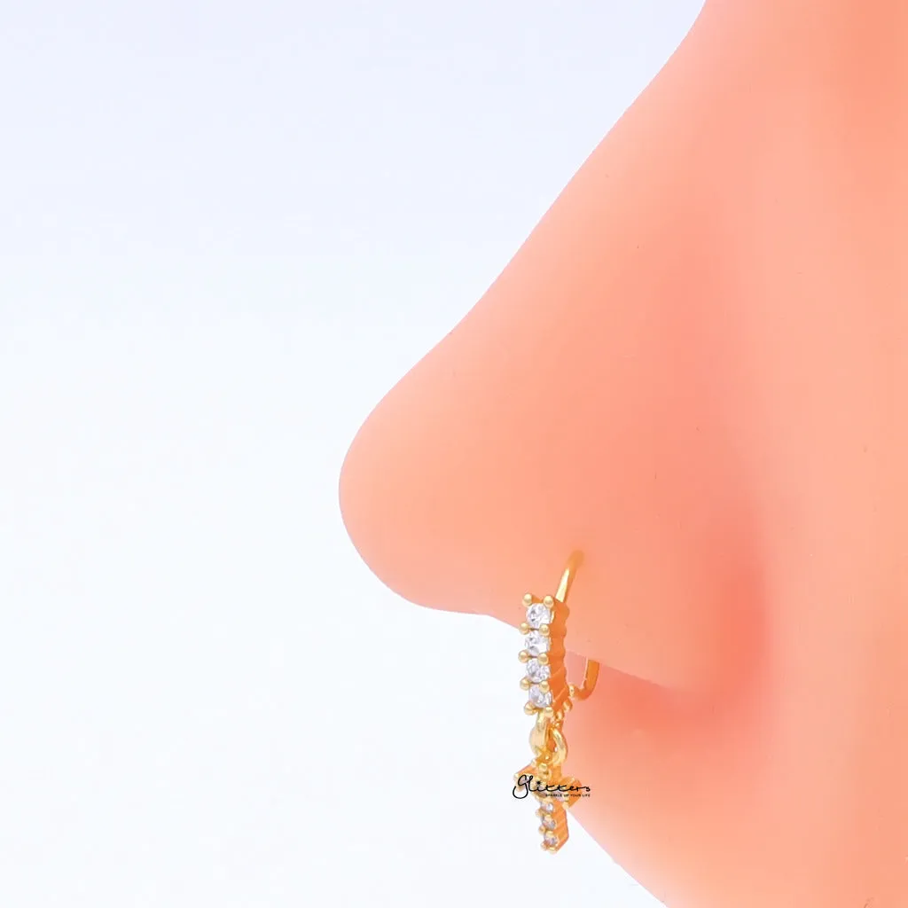 CZ Hoop Nose Ring with Dangle Cross - Gold