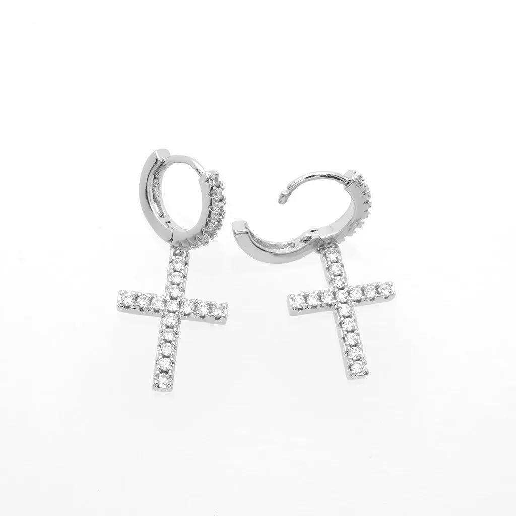 CZ Paved Dangle Cross Huggie Hoop Earrings