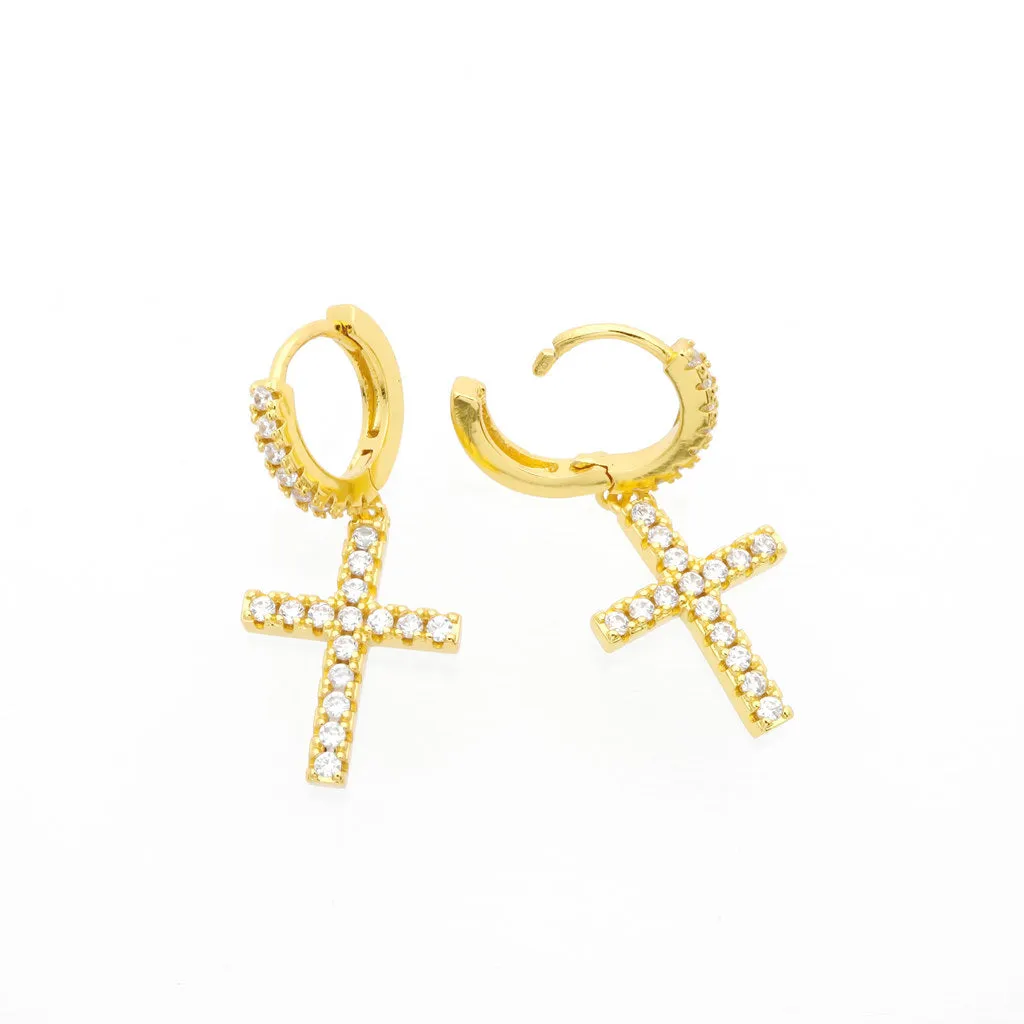 CZ Paved Dangle Cross Huggie Hoop Earrings