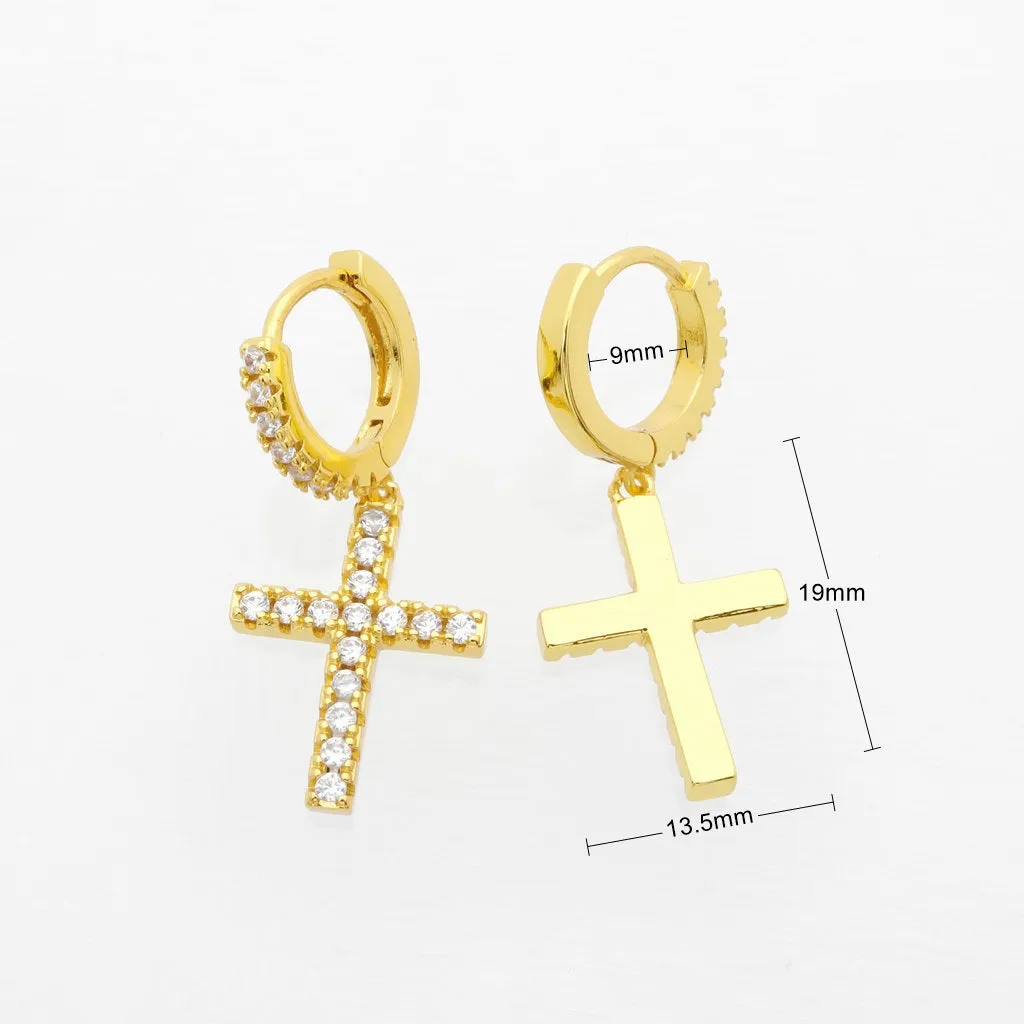 CZ Paved Dangle Cross Huggie Hoop Earrings