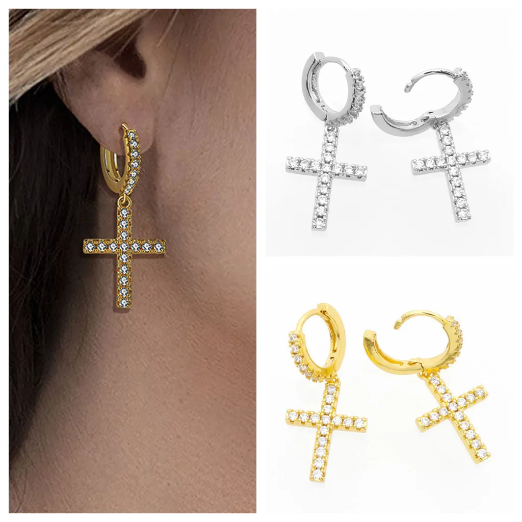 CZ Paved Dangle Cross Huggie Hoop Earrings