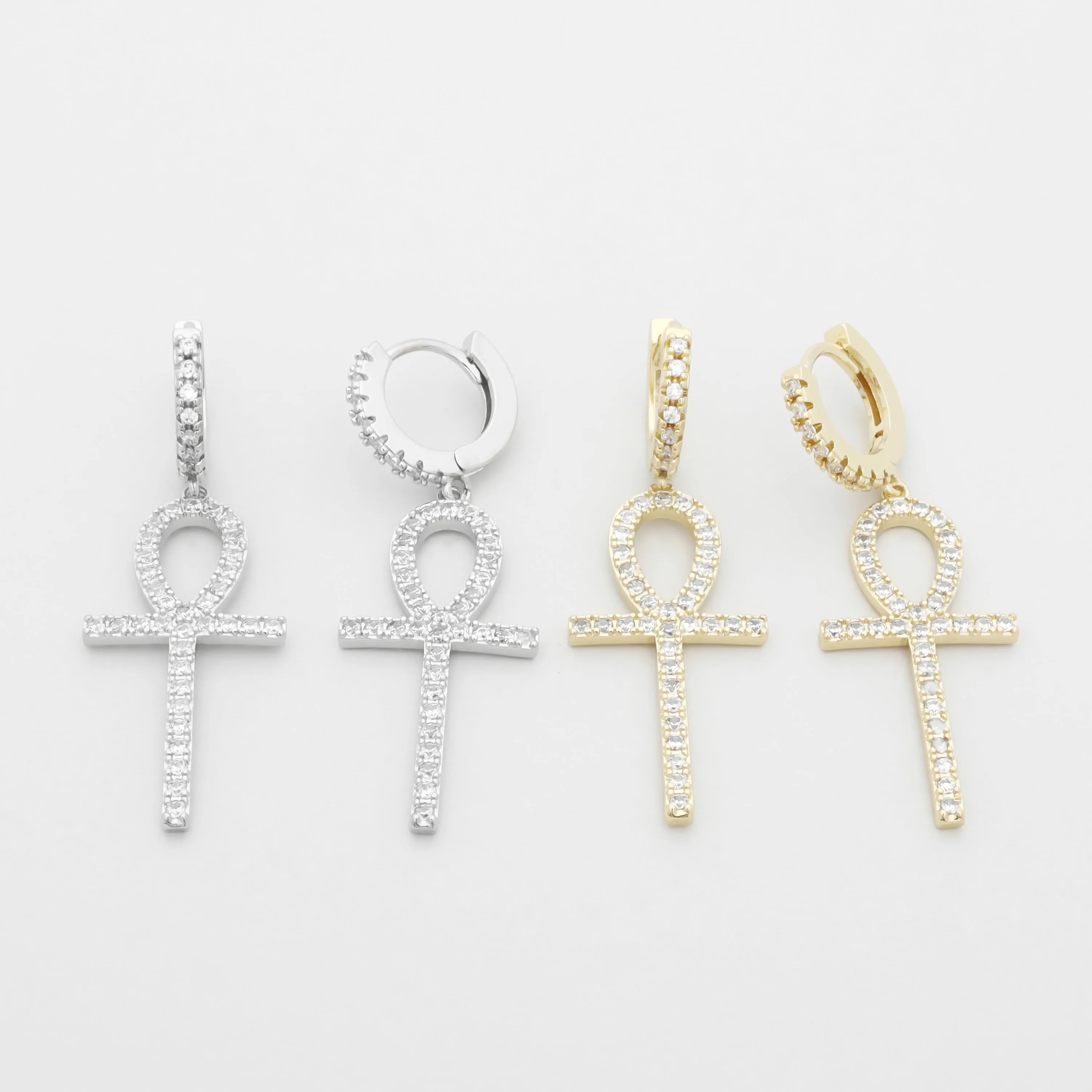 Dangle Ankh Cross One-Touch Huggie Hoop Earrings