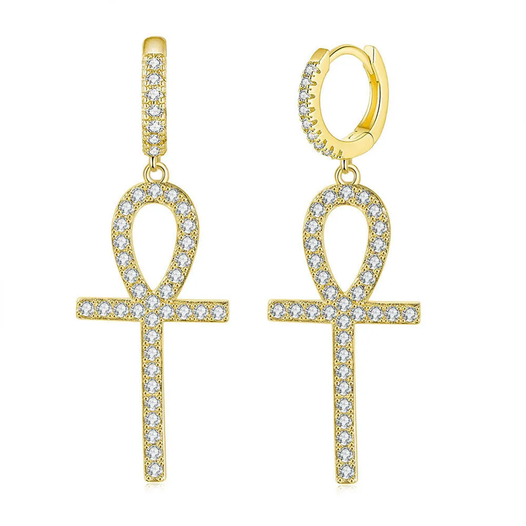 Dangle Ankh Cross One-Touch Huggie Hoop Earrings