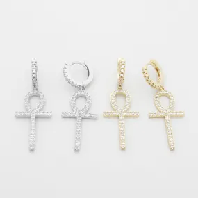 Dangle Ankh Cross One-Touch Huggie Hoop Earrings