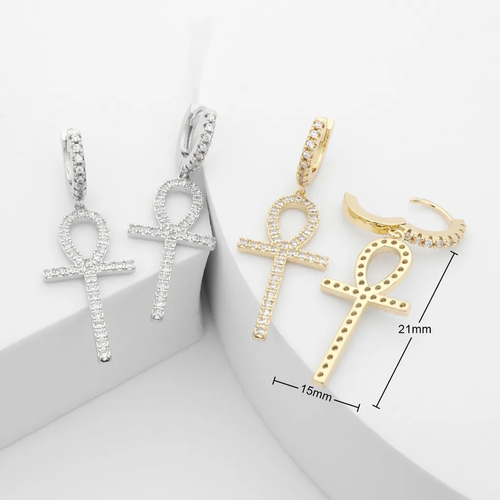 Dangle Ankh Cross One-Touch Huggie Hoop Earrings